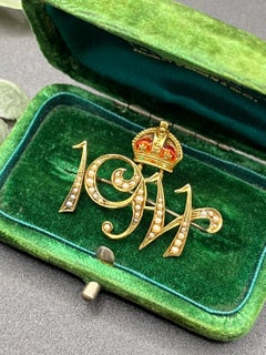 15ct Gold 1911 King George V Coronation Pearl Brooch with an Enamel Crown