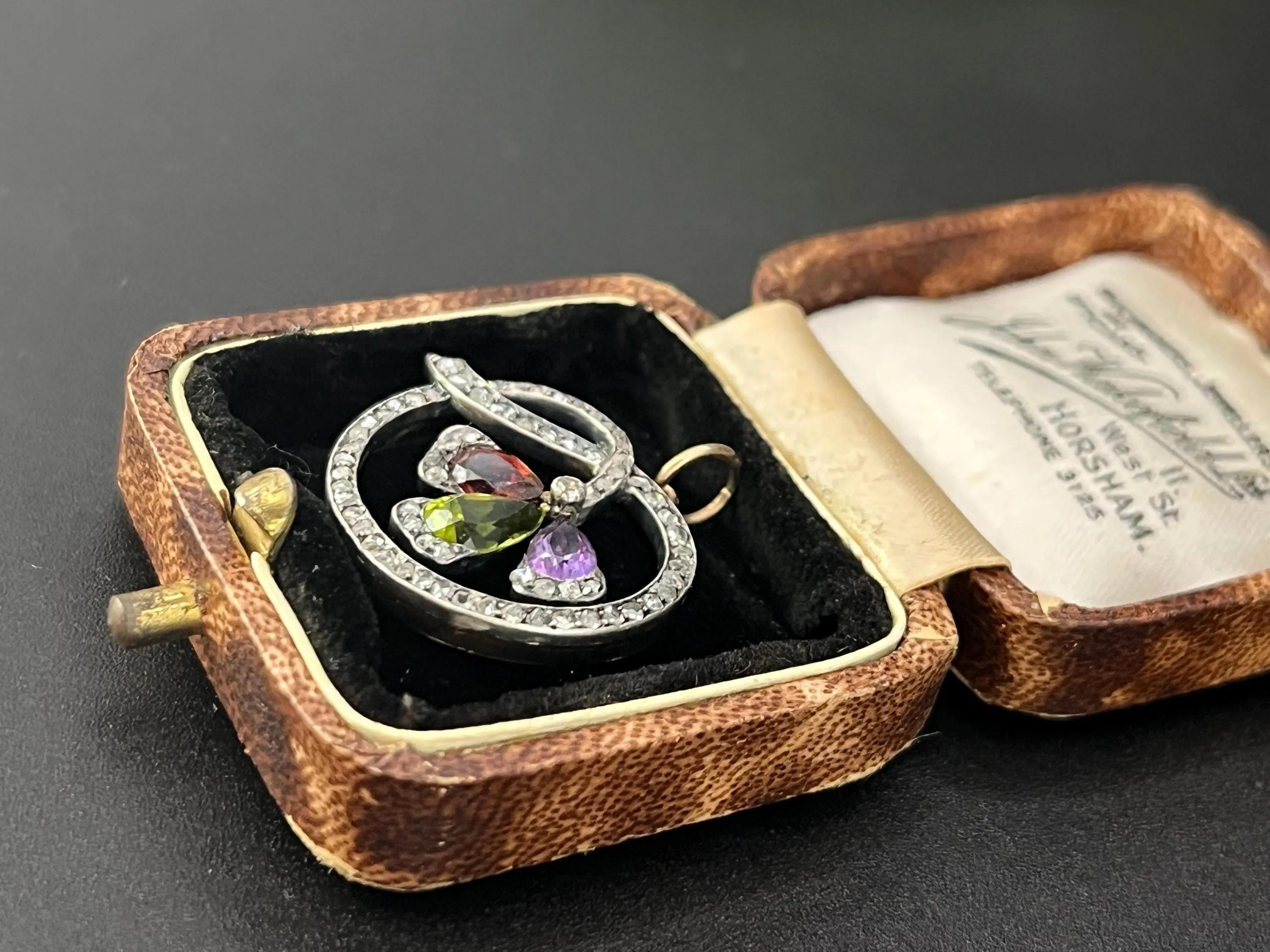 15ct Gold and Silver, Edwardian Garnet, Amethyst, Peridot & Rose Diamond Pendent For Sale 5