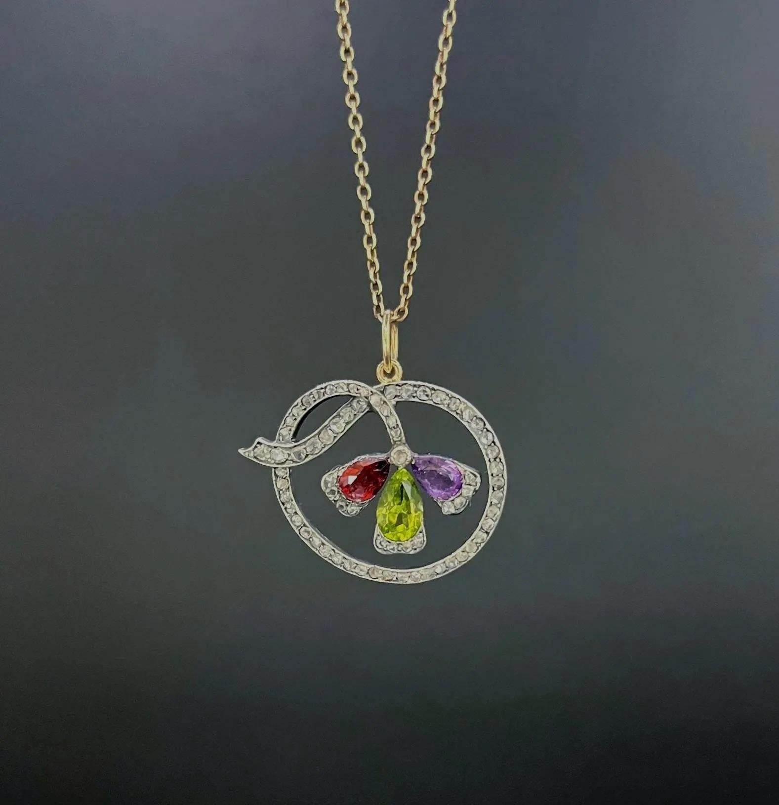 15ct Gold and Silver, Edwardian Garnet, Amethyst, Peridot & Rose Diamond Pendent For Sale 6
