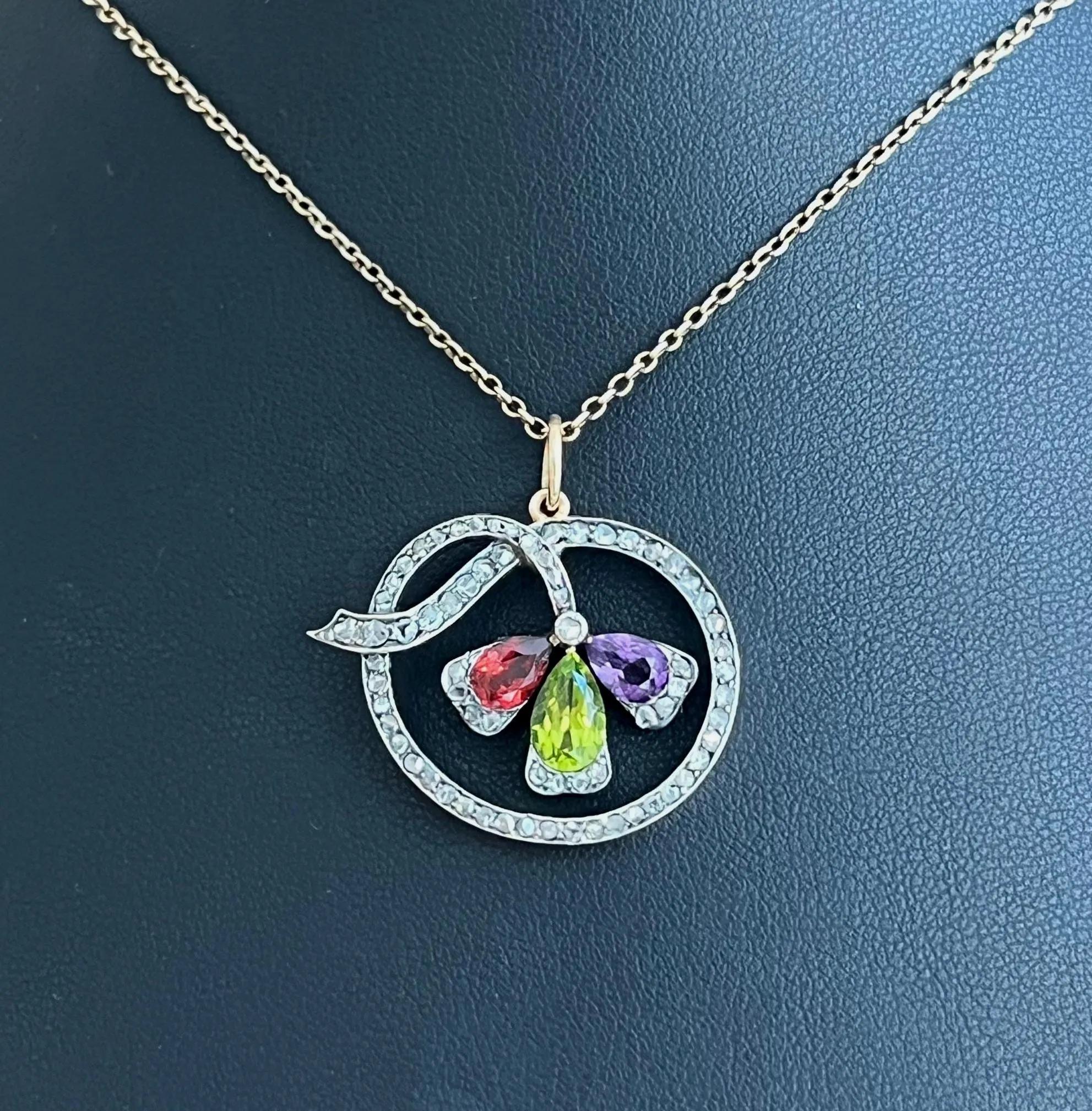 Mixed Cut 15ct Gold and Silver, Edwardian Garnet, Amethyst, Peridot & Rose Diamond Pendent For Sale