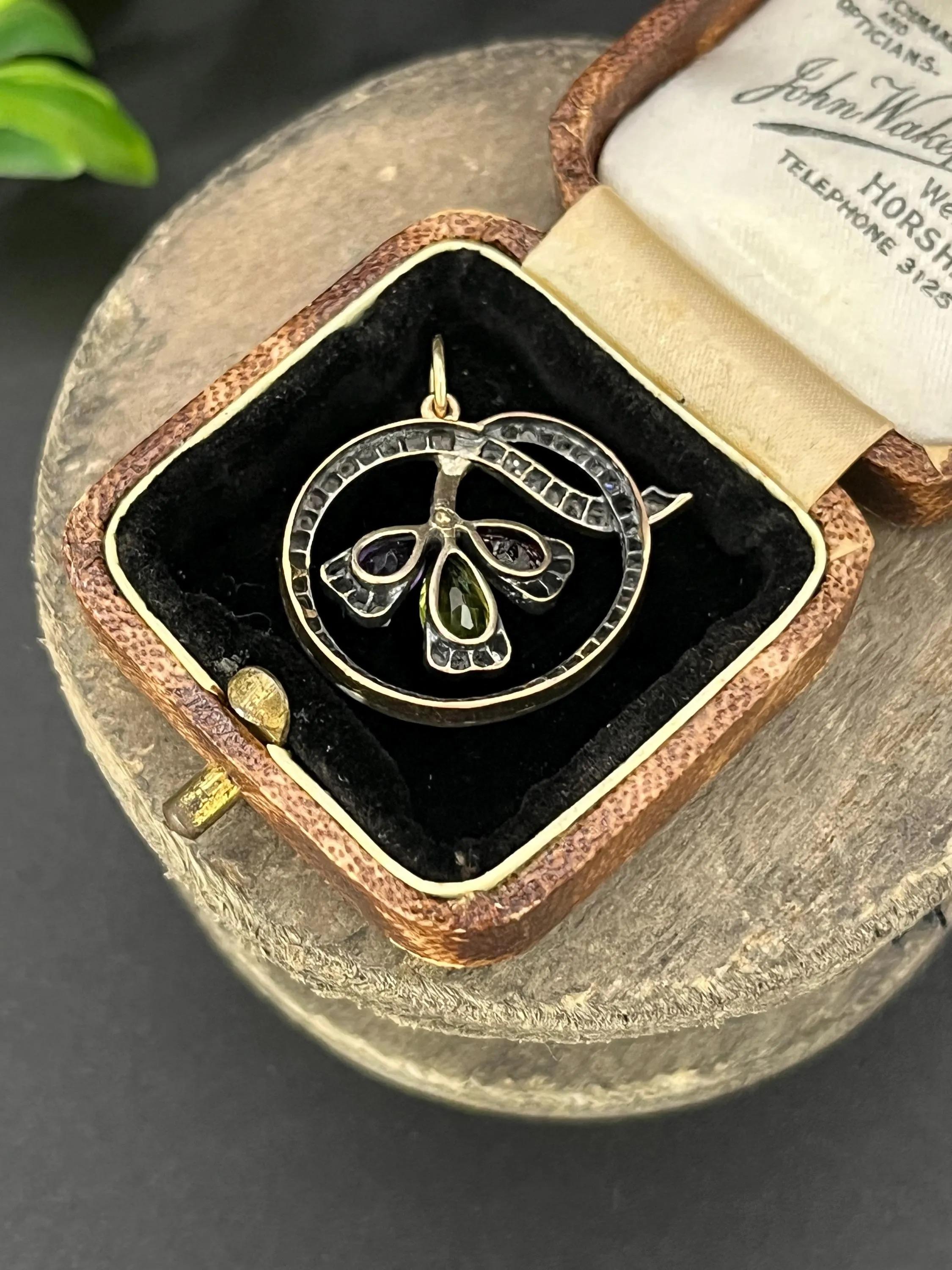 Women's or Men's 15ct Gold and Silver, Edwardian Garnet, Amethyst, Peridot & Rose Diamond Pendent For Sale