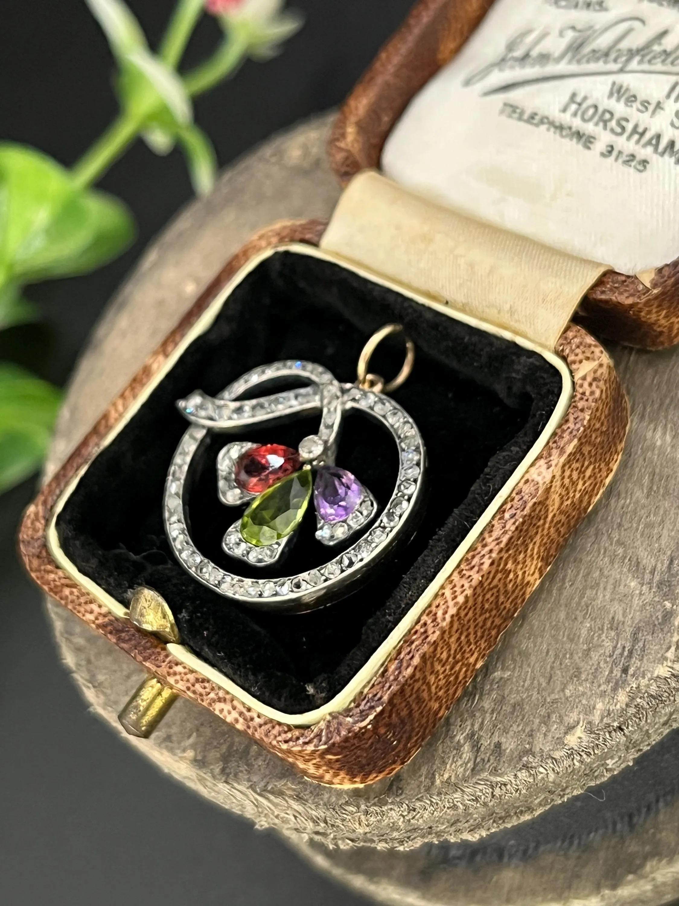 15ct Gold and Silver, Edwardian Garnet, Amethyst, Peridot & Rose Diamond Pendent For Sale 2