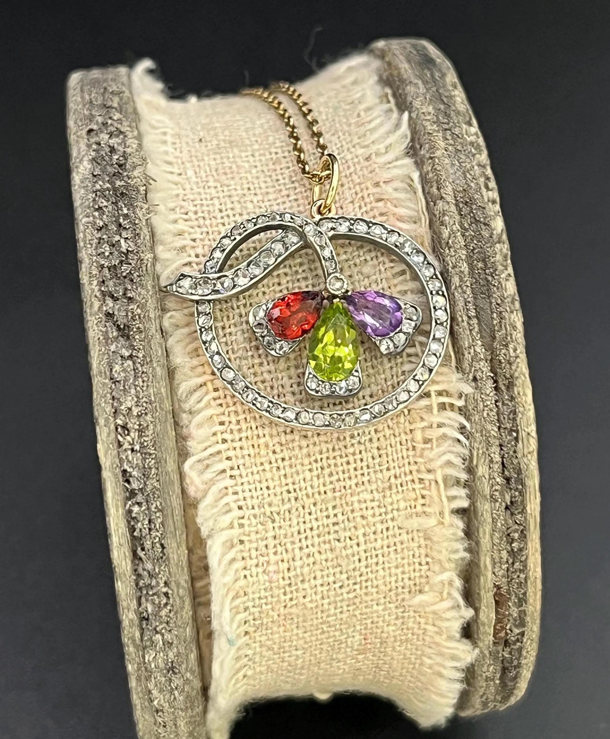 15ct Gold and Silver, Edwardian Garnet, Amethyst, Peridot & Rose Diamond Pendent For Sale 3