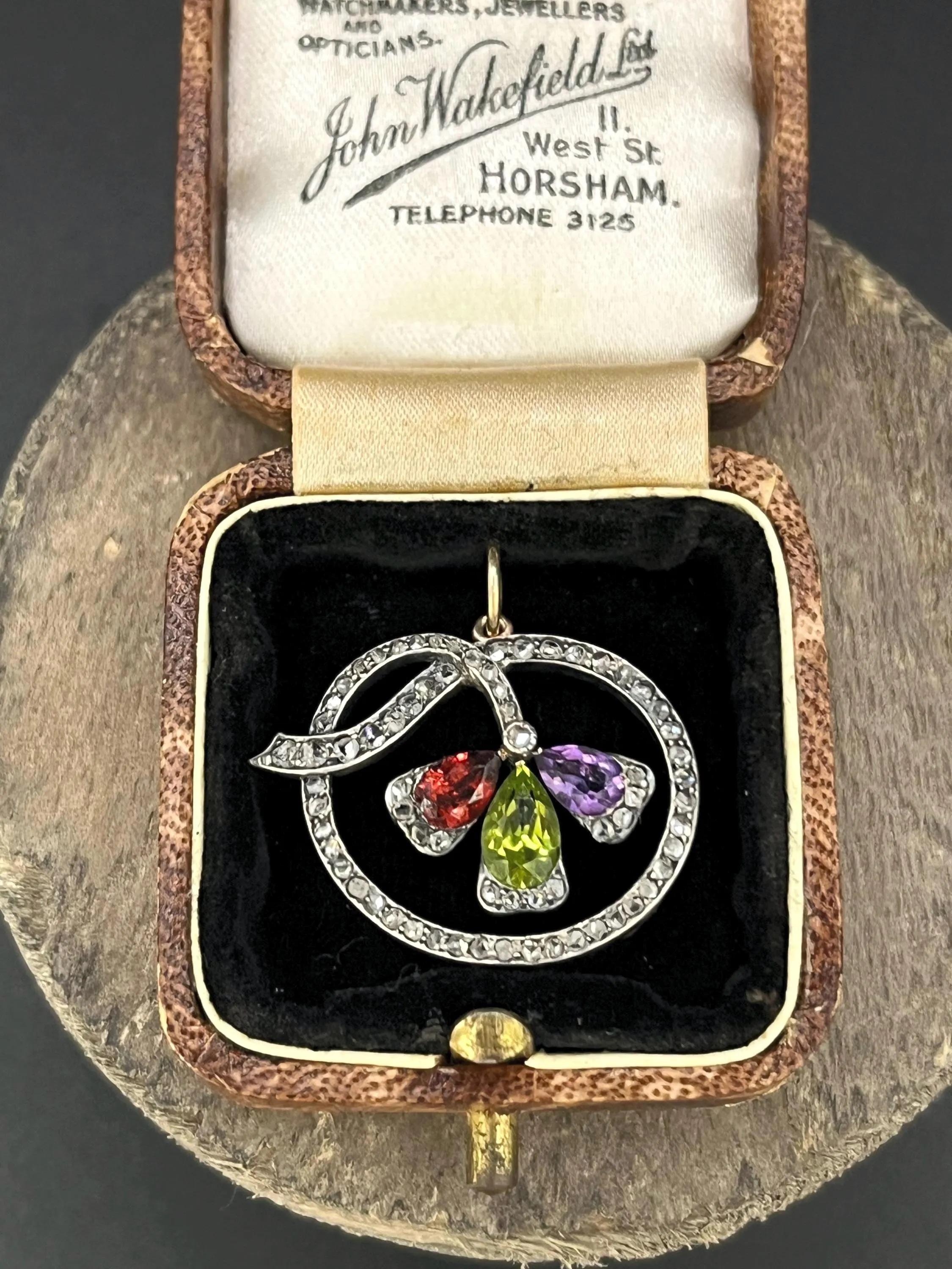 15ct Gold and Silver, Edwardian Garnet, Amethyst, Peridot & Rose Diamond Pendent For Sale 4