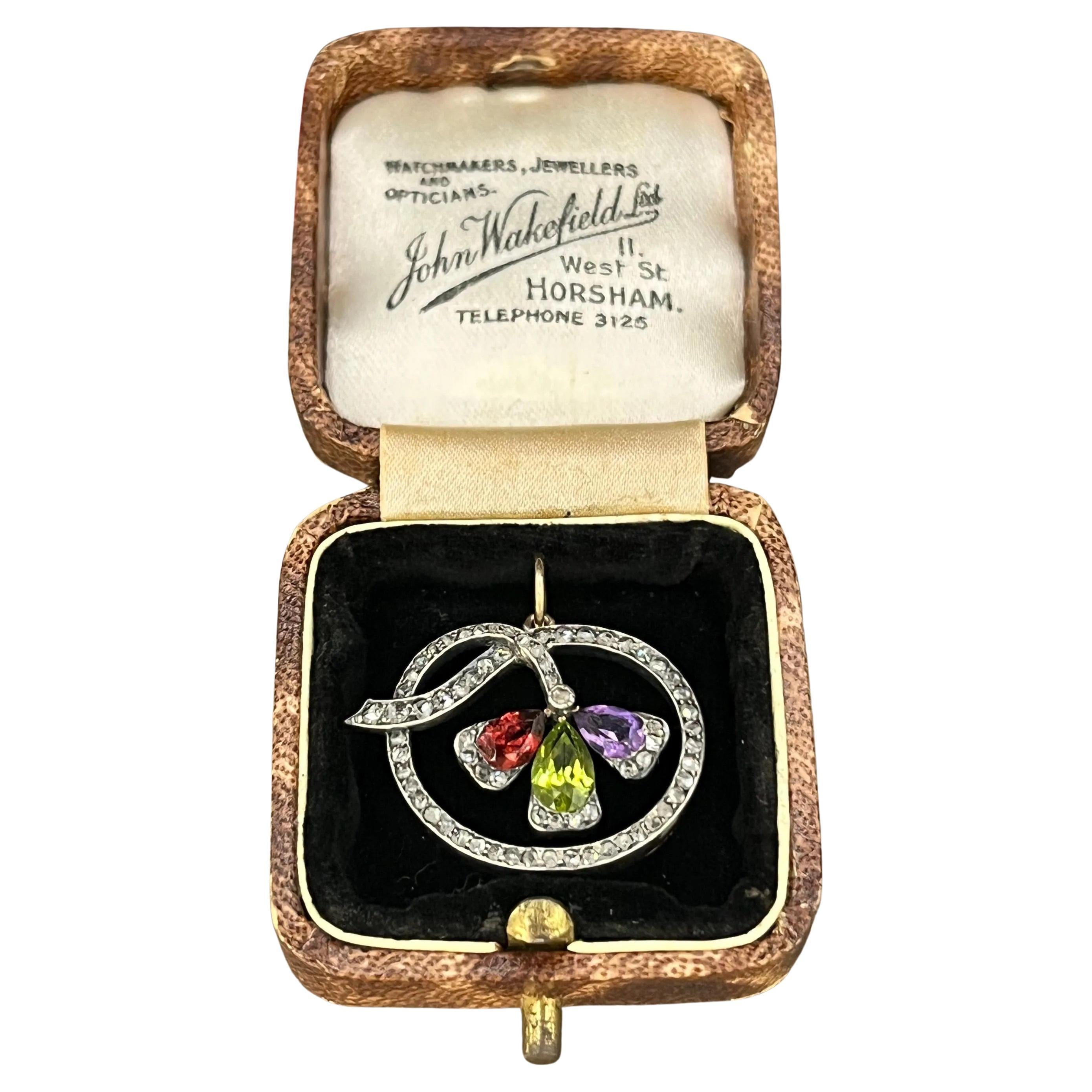 15ct Gold and Silver, Edwardian Garnet, Amethyst, Peridot & Rose Diamond Pendent For Sale