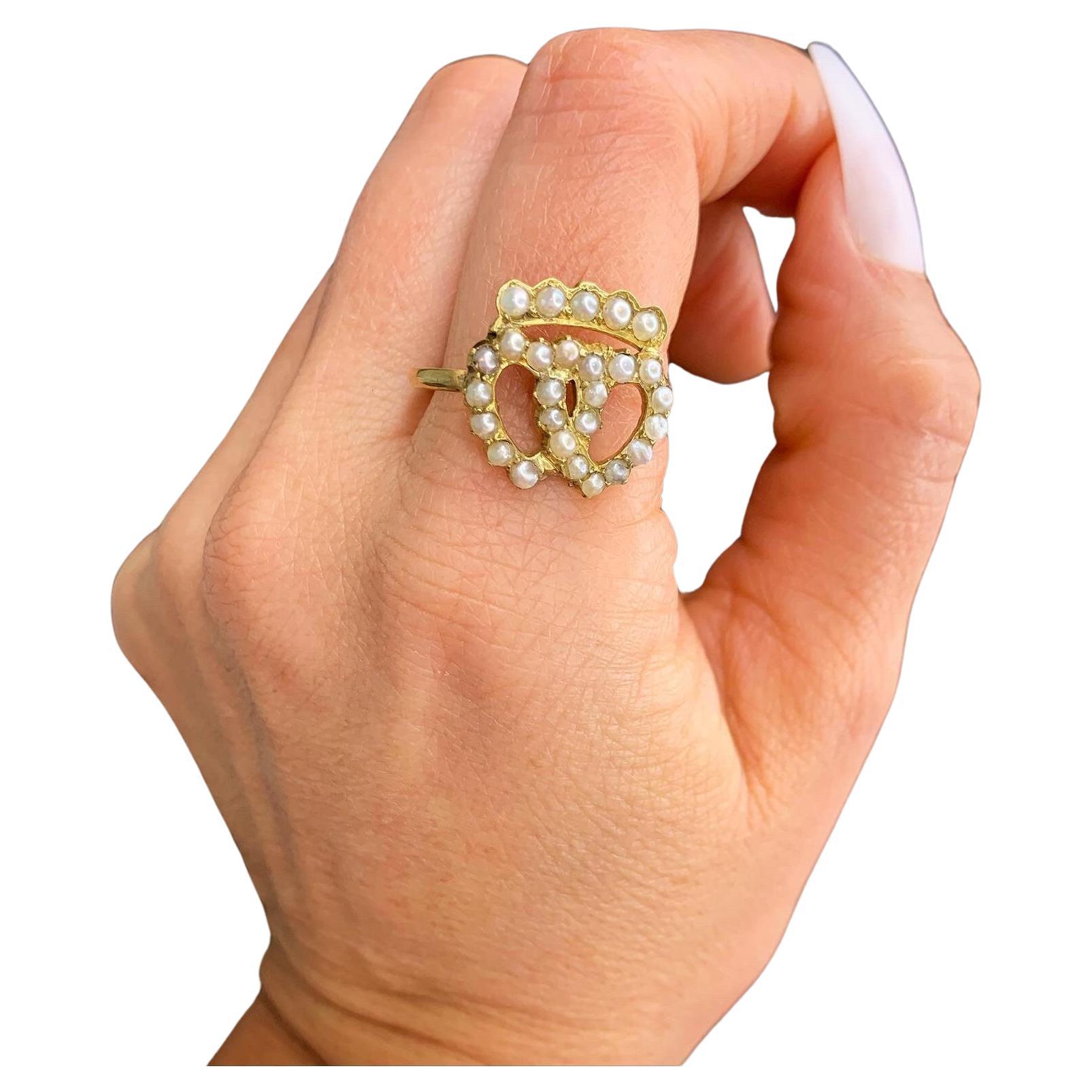 15ct Gold Antique Double Sweetheart Seed Pearl Ring For Sale