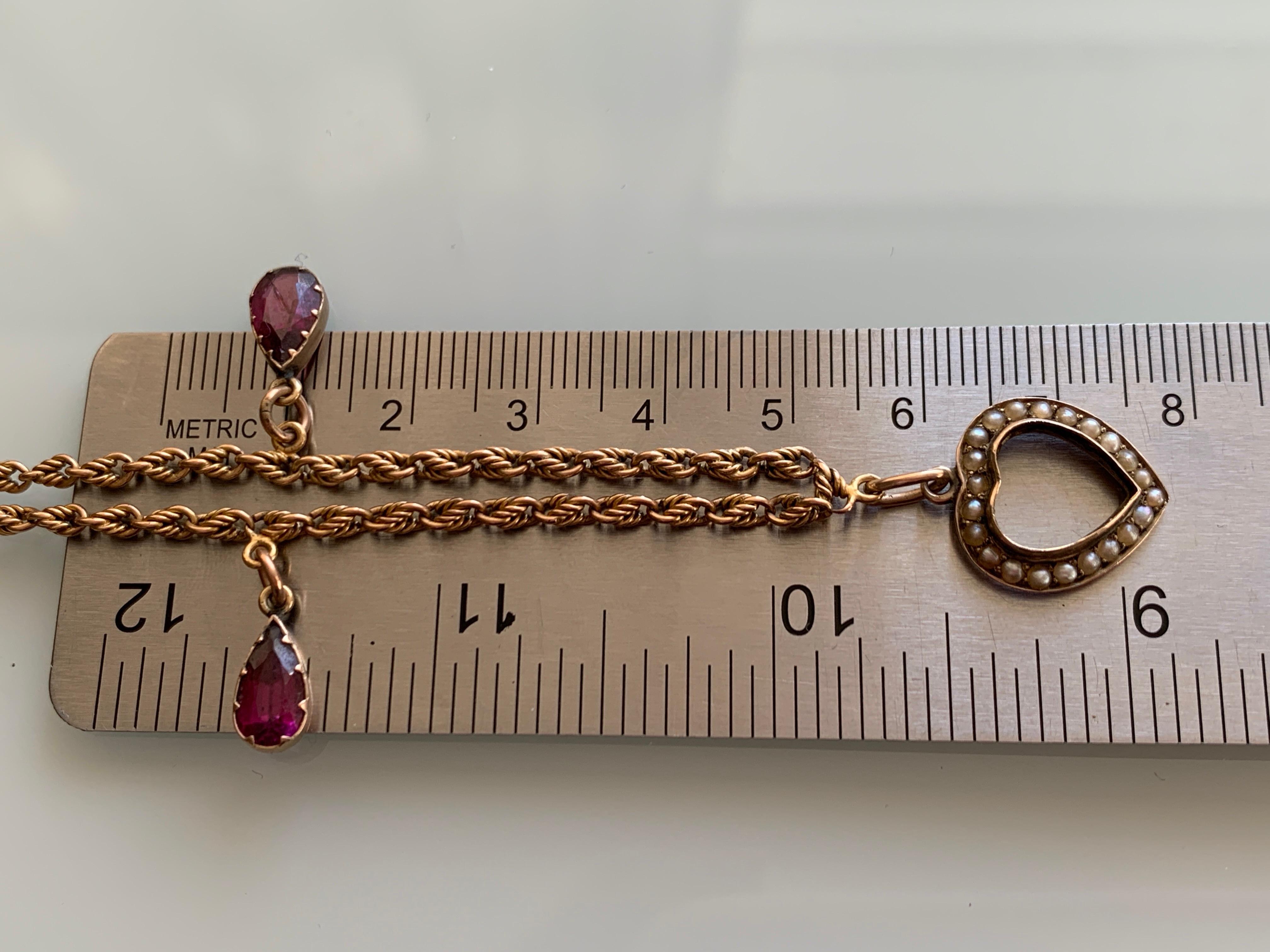 15ct Gold Antique Necklace with 9ct Heart & Amethyst Drops For Sale 1
