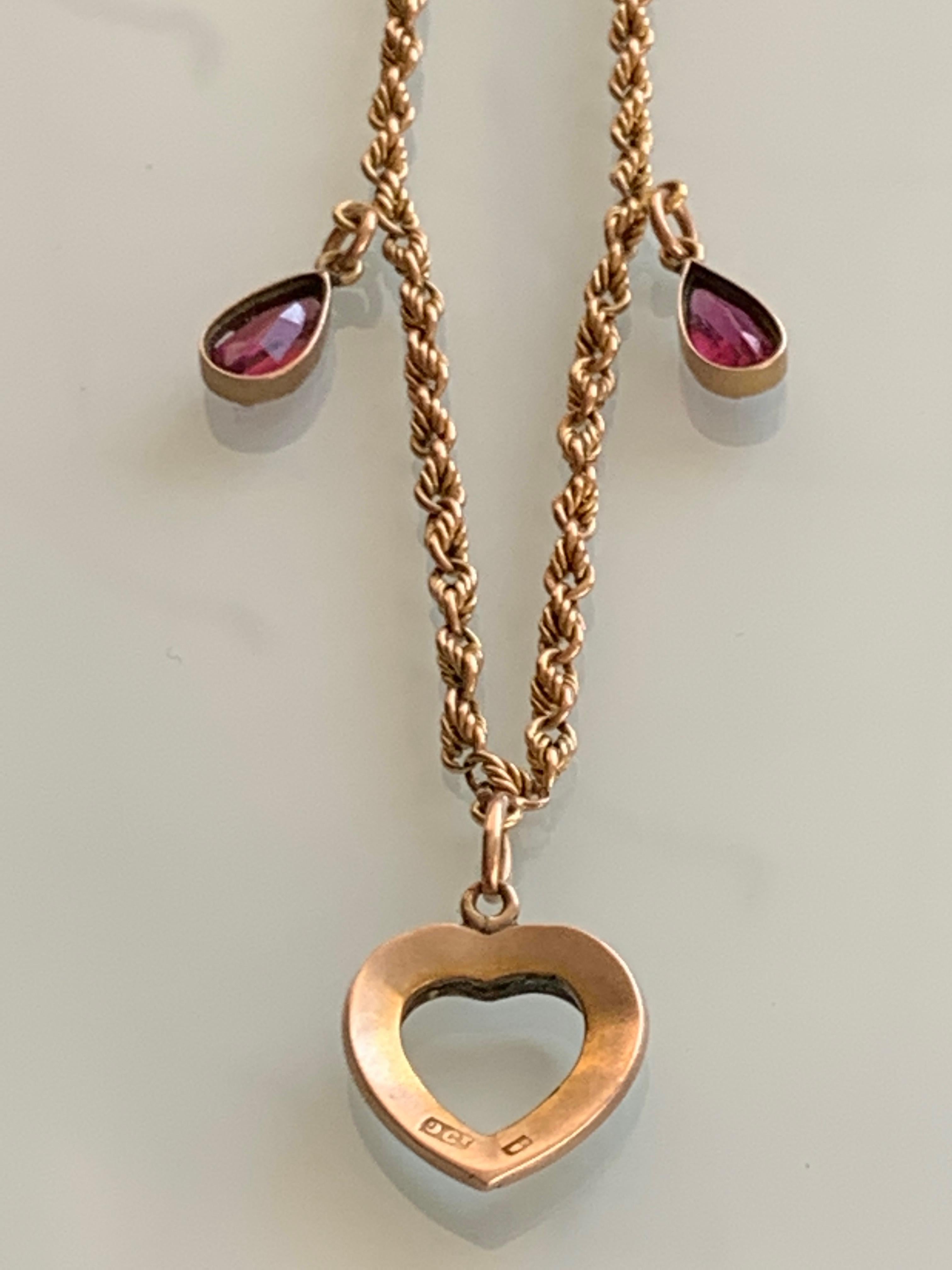 15ct Gold Antique Necklace with 9ct Heart & Amethyst Drops In Good Condition For Sale In London, GB