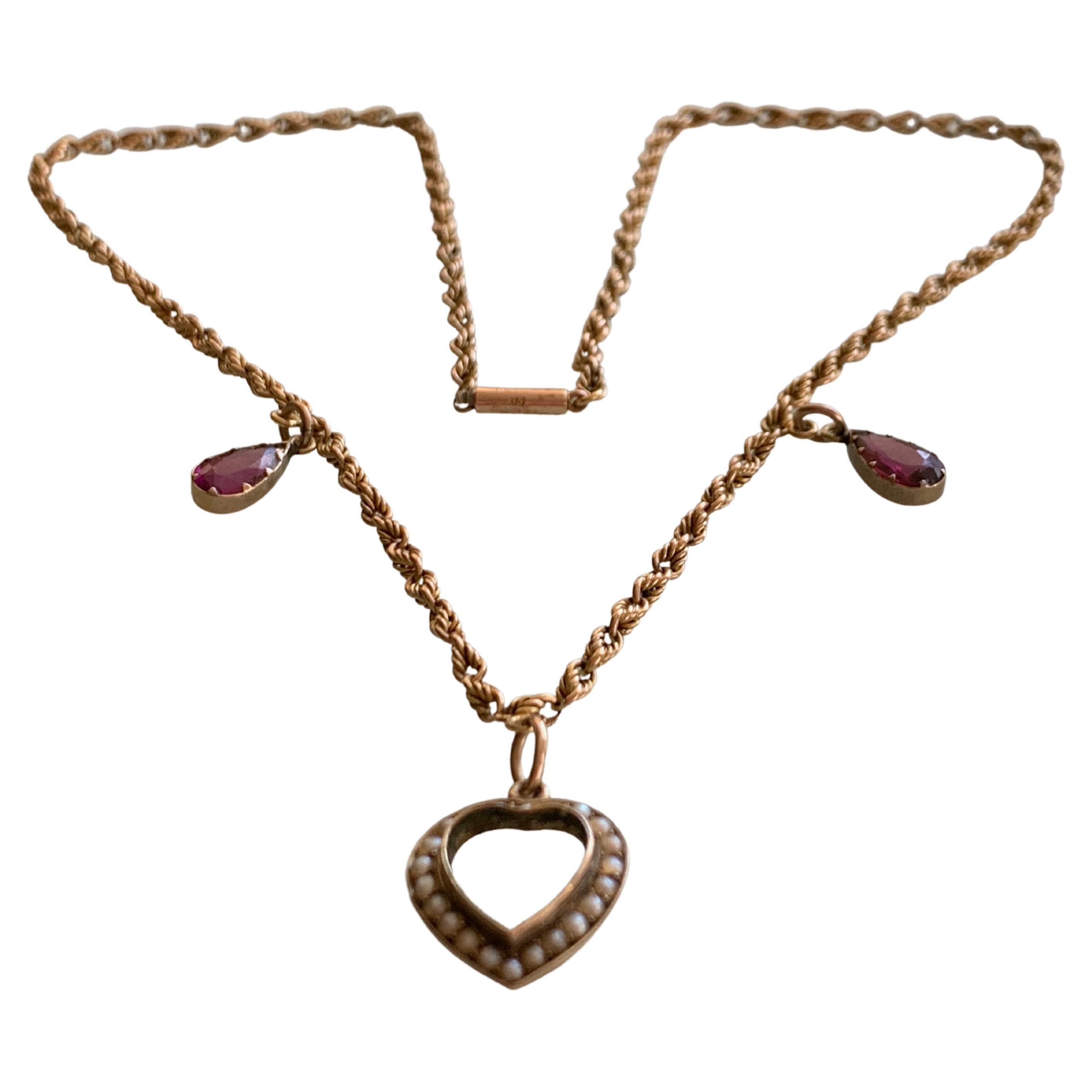 15ct Gold Antique Necklace with 9ct Heart & Amethyst Drops