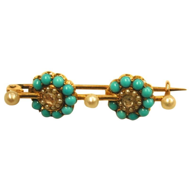 15ct Gold Bar Brooch Set with Turquoise, Seed Pearls and Rose Diamonds, c. 1880