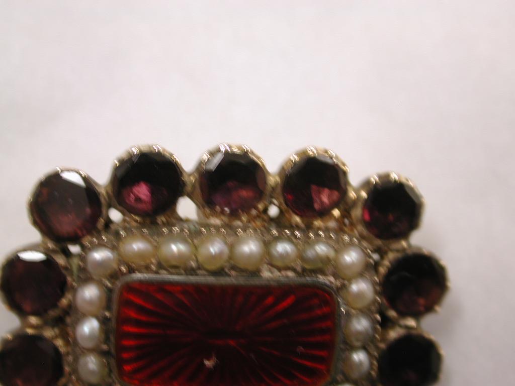 Women's 15ct Gold Brooch Set With Seed Pearls, Almandine Garnets & Enamel, Circa 1850