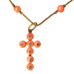 15ct Gold Coral Chain Necklace with Coral & Diamond Cross Pendant, Mid Victorian