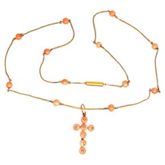 15ct Gold Coral Chain Necklace with Coral & Diamond Cross Pendant, Mid Victorian