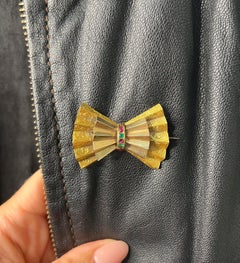 15ct Gold, Early Victorian Emerald & Ruby Bow Shaped Brooch with Locket Back