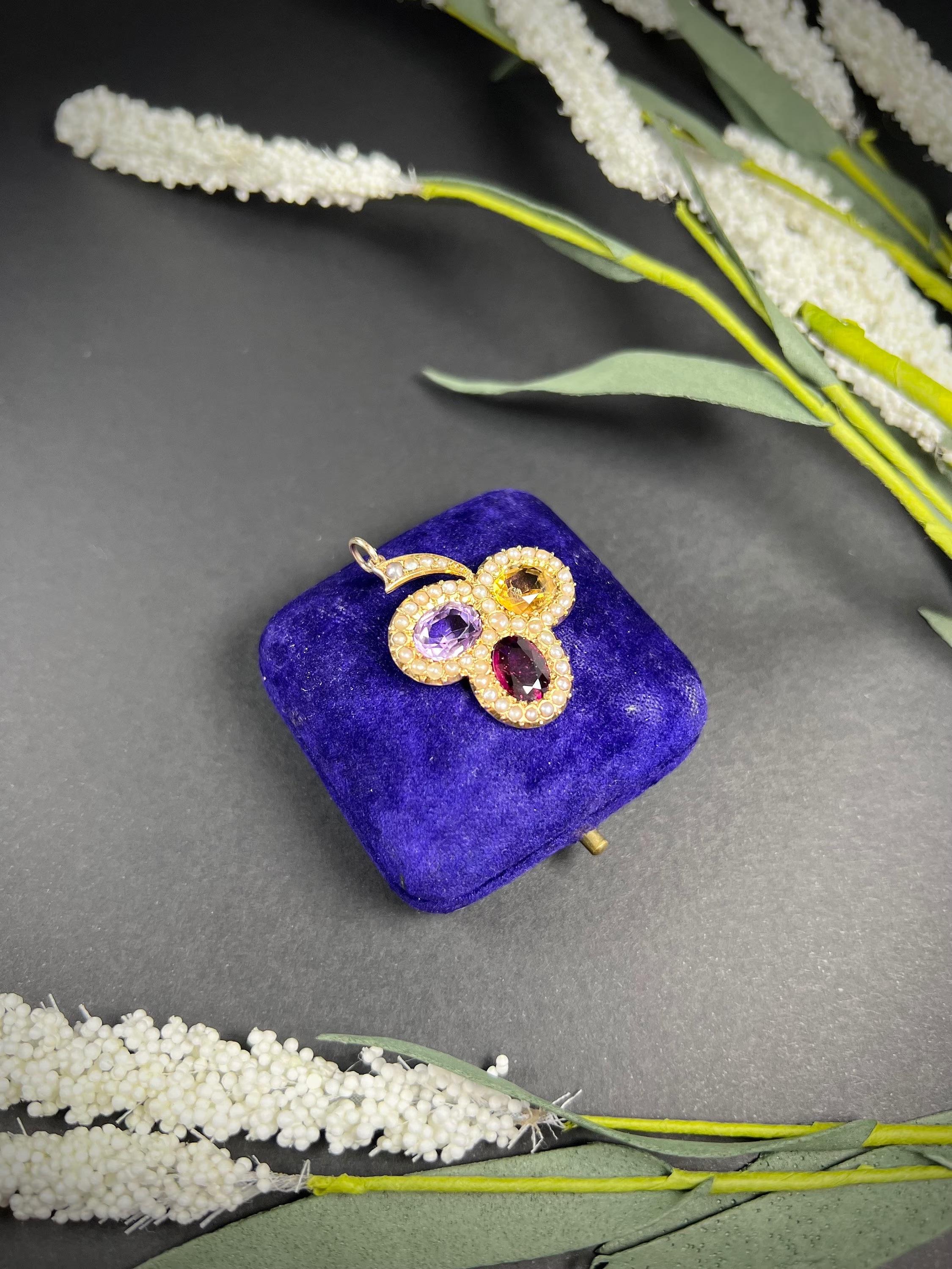 15ct Gold Edwardian Amethyst Citrine & Garnet Clover Pendant Seed Pearl Border  In Good Condition For Sale In Brighton, GB