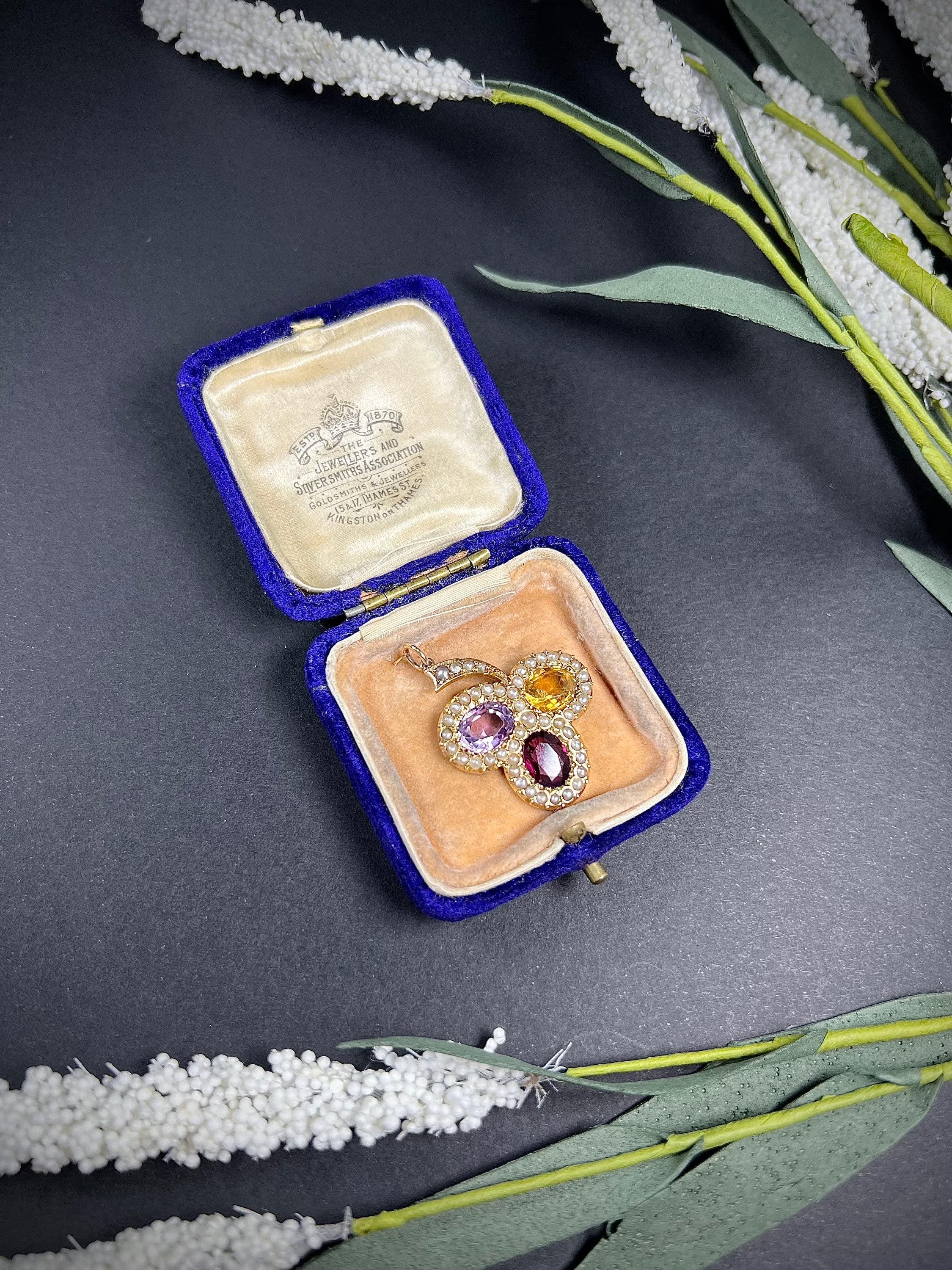 15ct Gold Edwardian Amethyst Citrine & Garnet Clover Pendant Seed Pearl Border  For Sale 3