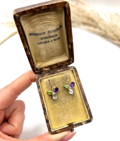 15ct Gold, Edwardian Amethyst, Peridot and White Quartz Suffragette Earrings