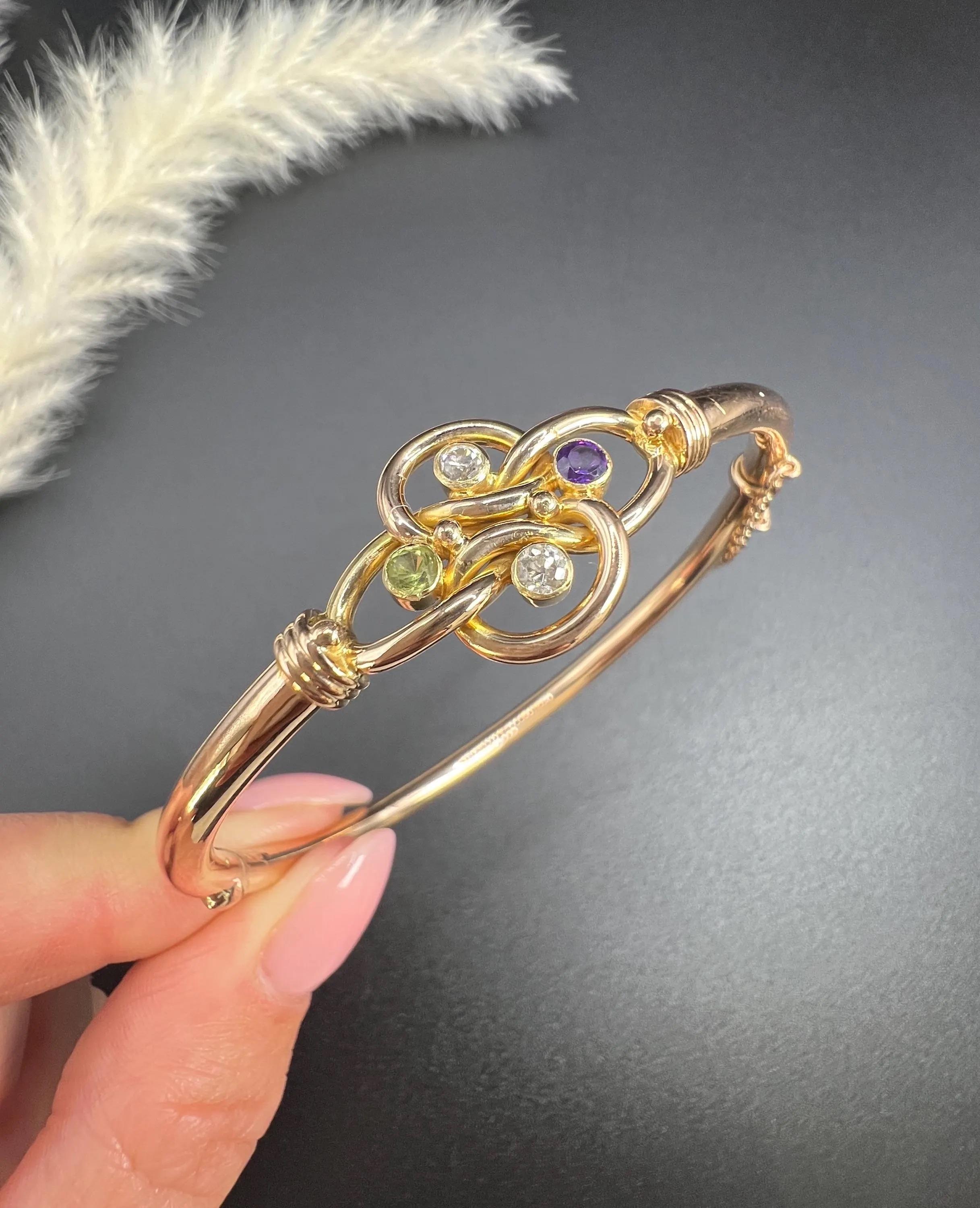 da uomo o donna 15ct Gold, Edwardian Amethyst, Peridot & Diamond Suffragette Bangle Bracelet in vendita