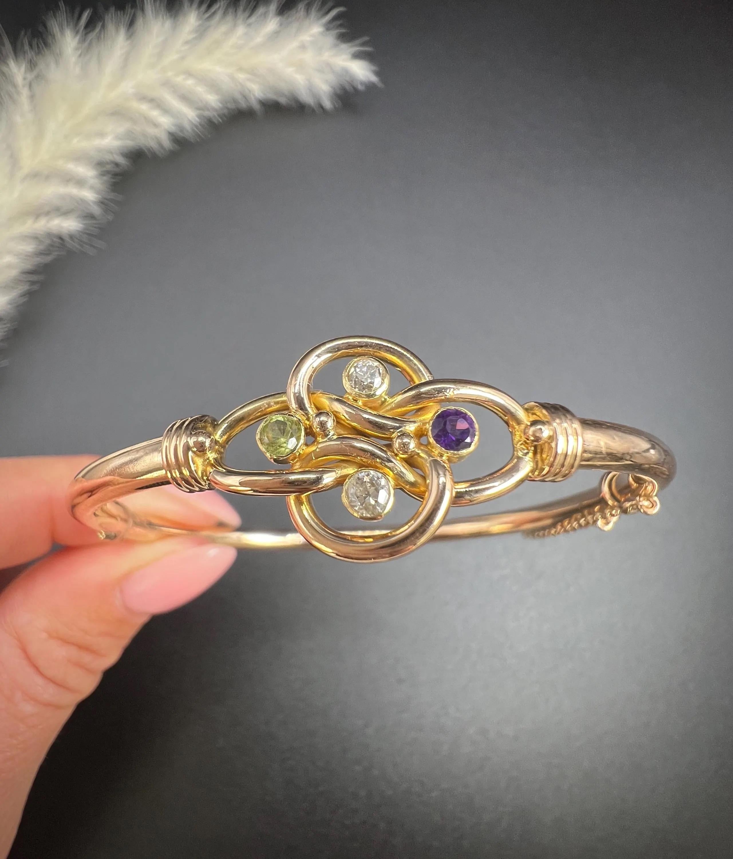 15ct Gold, Edwardian Amethyst, Peridot & Diamond Suffragette Bangle Bracelet in vendita 1