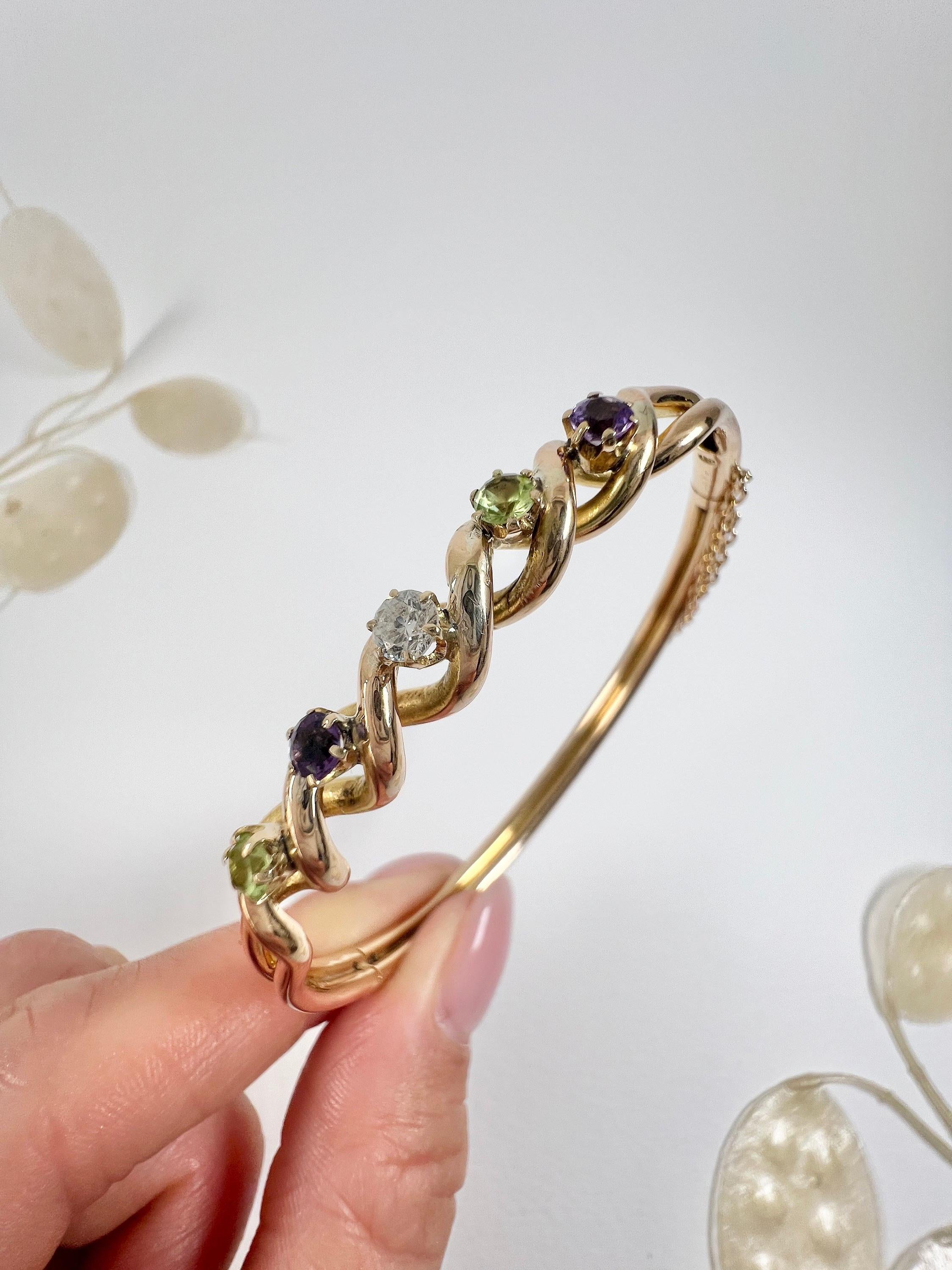 Bracelet jonc Suffragette de l'époque édouardienne en or 15 carats, améthyste, péridot et diamants en vente 4