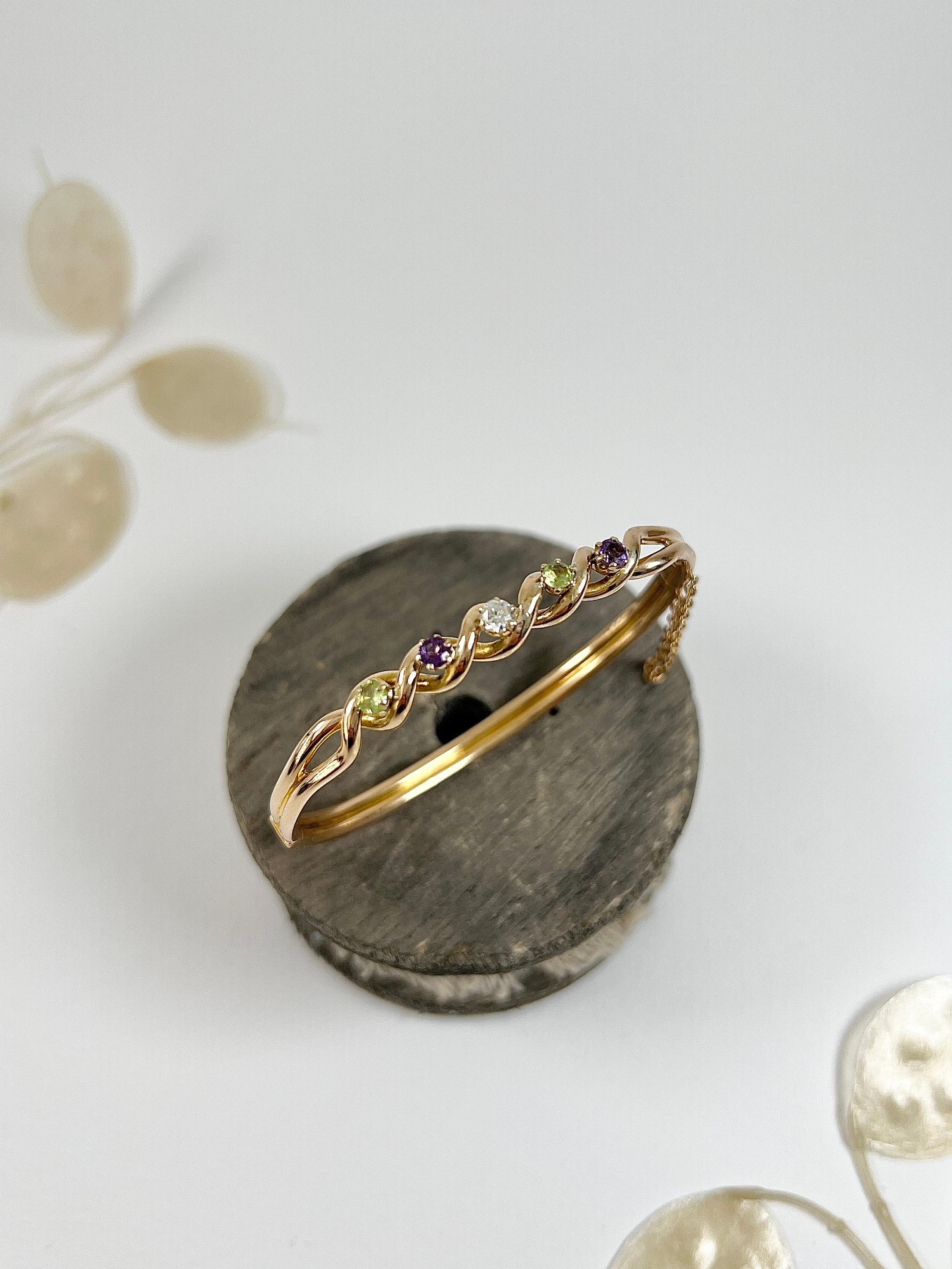 Bracelet jonc Suffragette de l'époque édouardienne en or 15 carats, améthyste, péridot et diamants en vente 5
