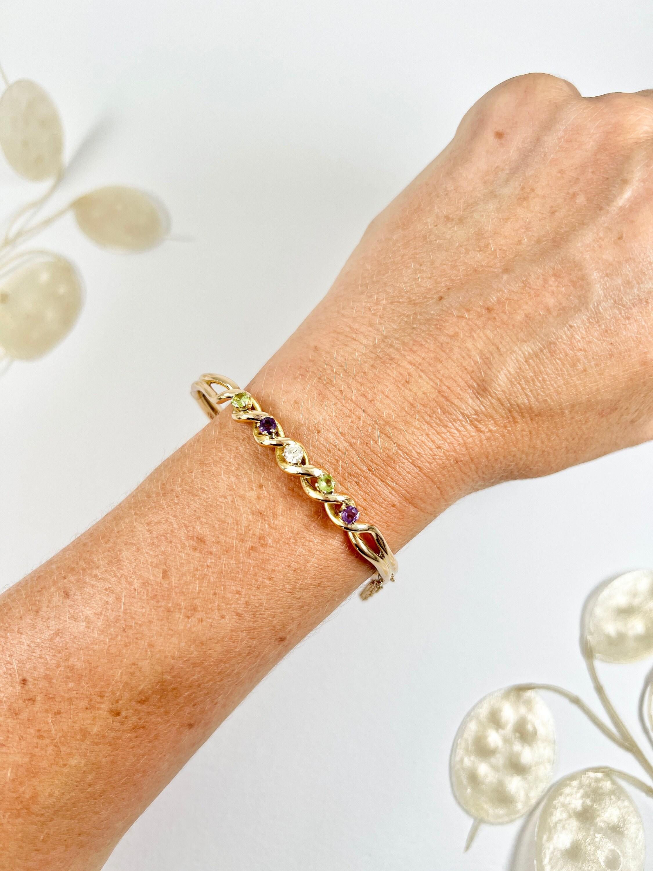 Édouardien Bracelet jonc Suffragette de l'époque édouardienne en or 15 carats, améthyste, péridot et diamants en vente