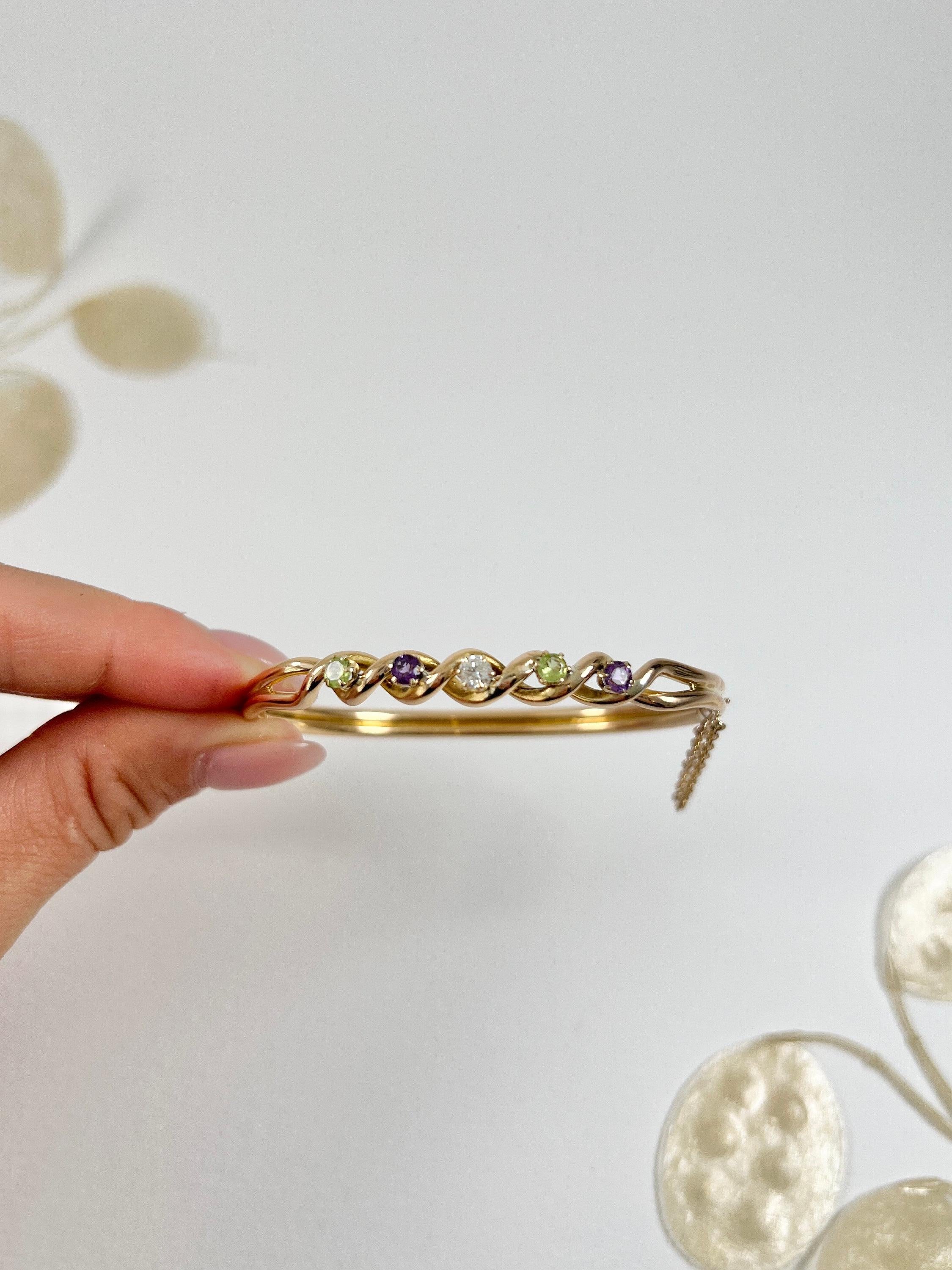 Bracelet jonc Suffragette de l'époque édouardienne en or 15 carats, améthyste, péridot et diamants en vente 3