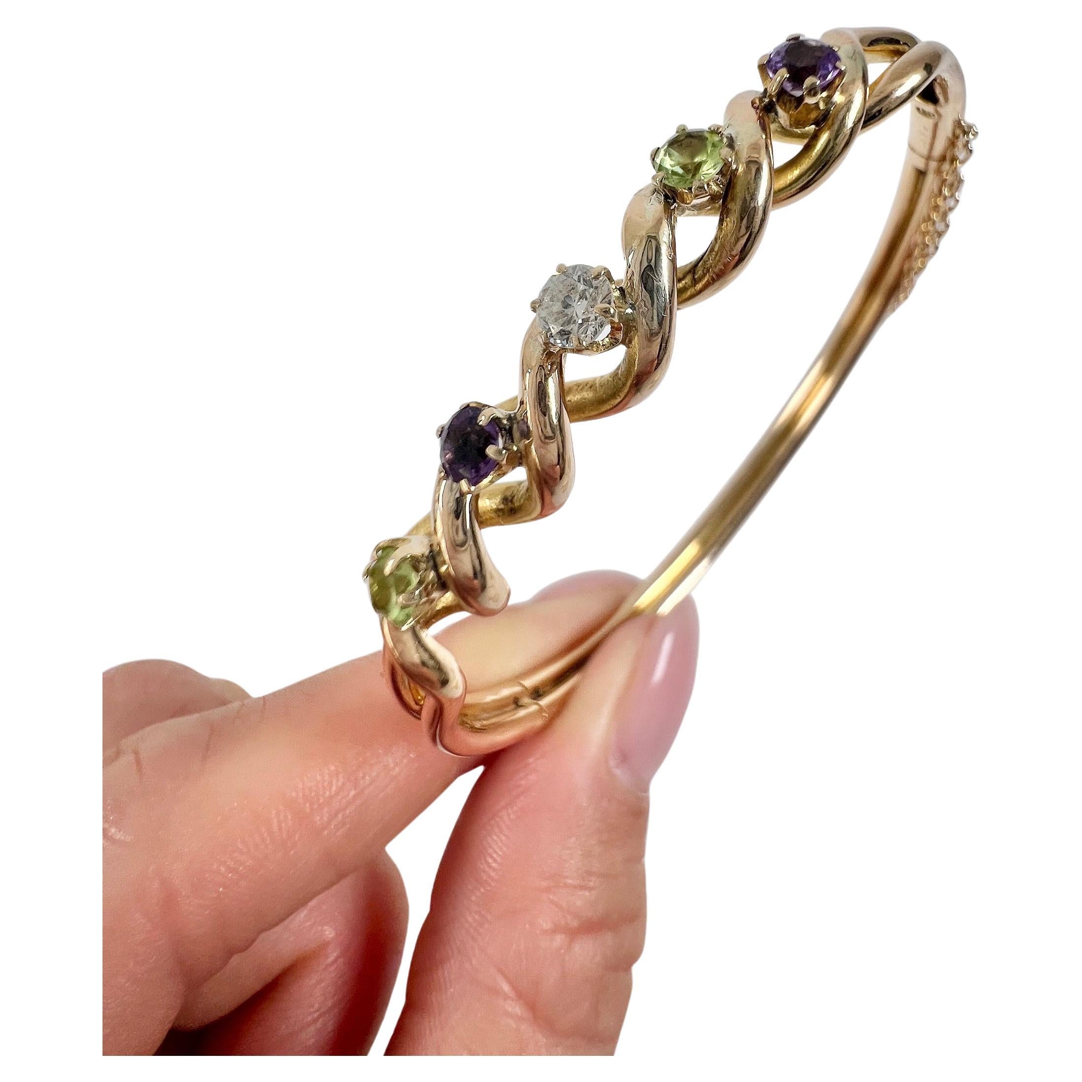 Bracciale Suffragette in oro 15ct epoca edoardiana con ametista, peridoto e diamanti