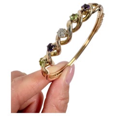 15ct Gold Edwardian Era Amethyst, Peridot & Diamond Suffragette Bangle Bracelet