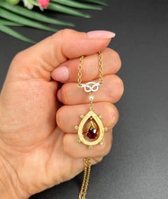 15ct Gold Edwardian Garnet Diamond Seed Pearl & Enamel Teardrop Pendant Necklace