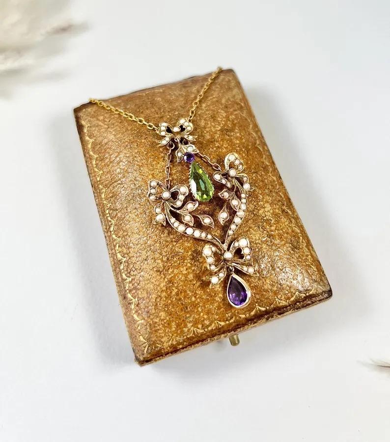 15ct Gold, Edwardian Peridot, Amethyst & Seed Pearl Suffragette Pendant Necklace 5