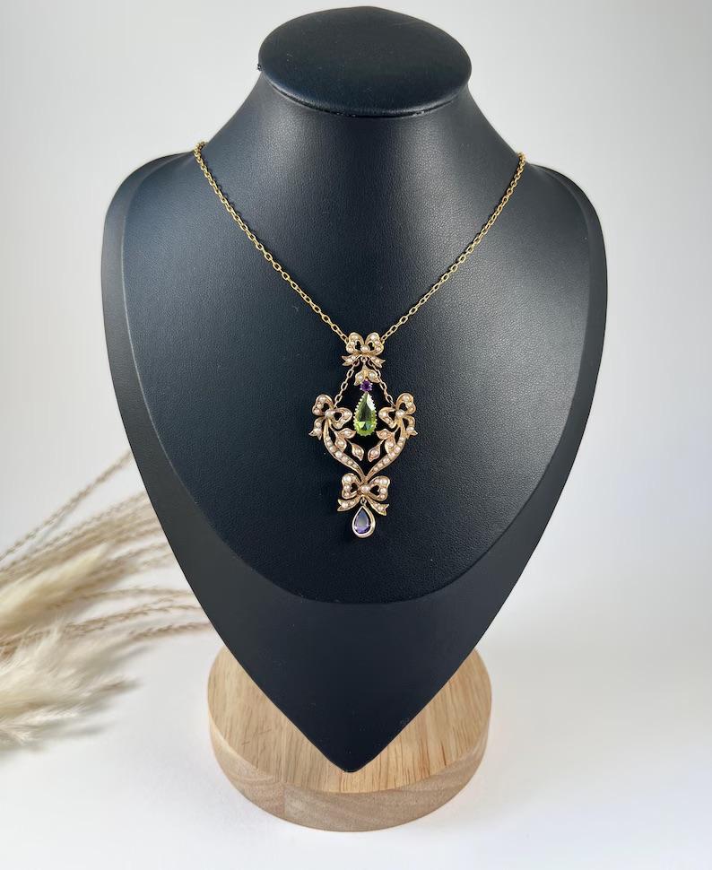 15ct Gold, Edwardian Peridot, Amethyst & Seed Pearl Suffragette Pendant Necklace 6