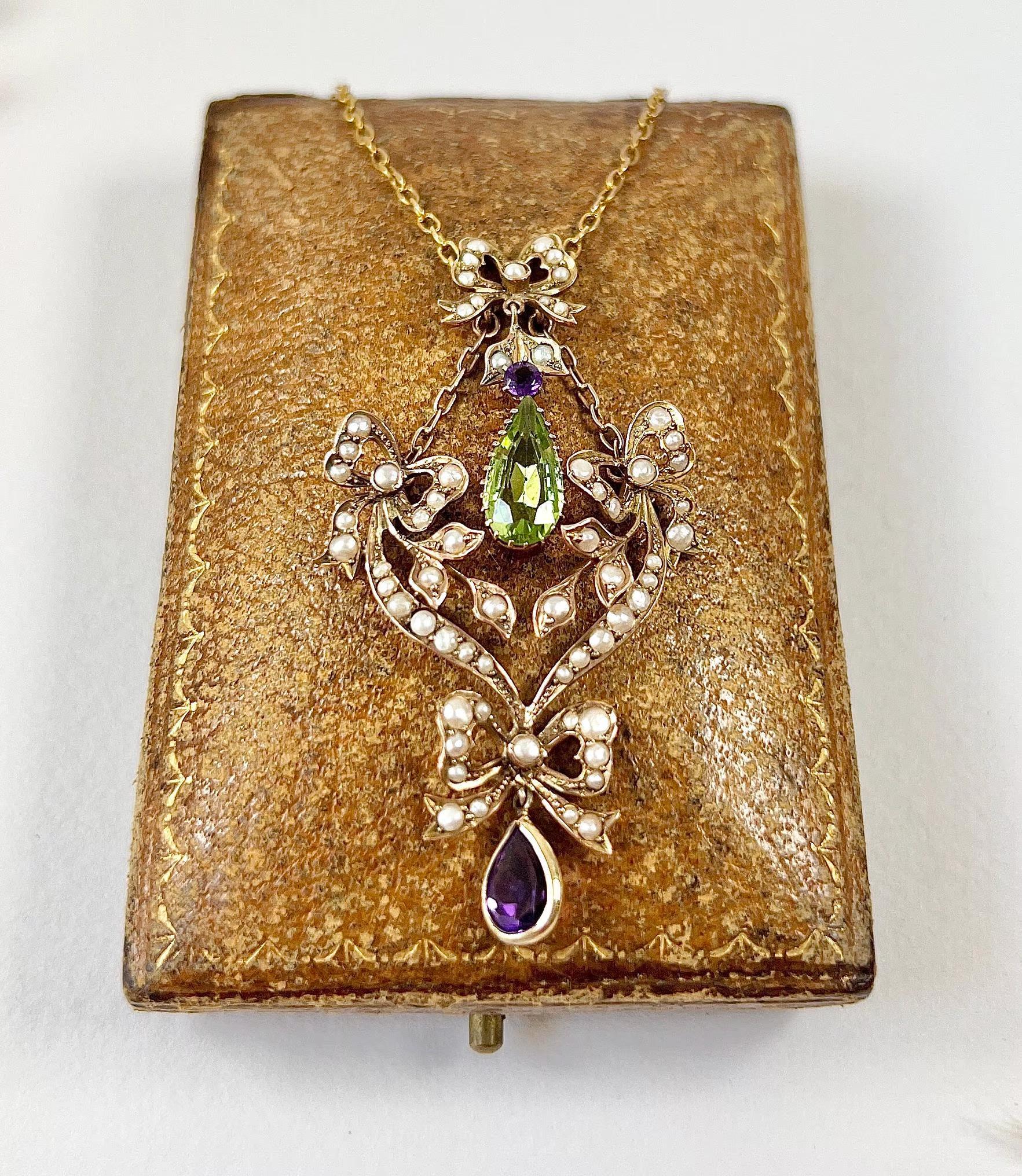 Mixed Cut 15ct Gold, Edwardian Peridot, Amethyst & Seed Pearl Suffragette Pendant Necklace