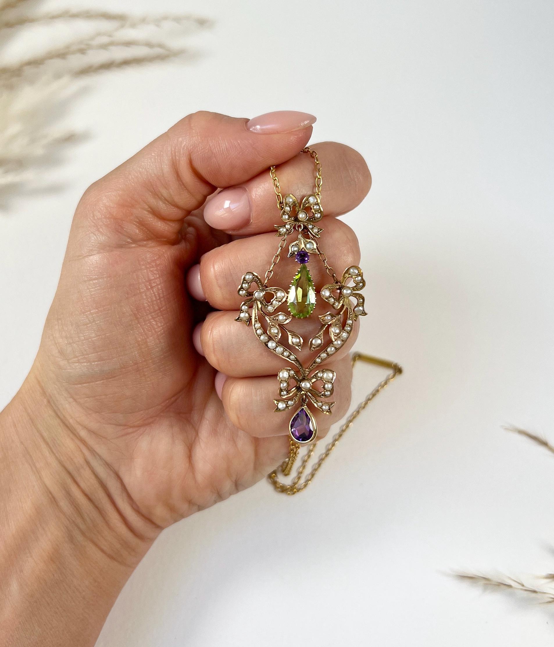 15ct Gold, Edwardian Peridot, Amethyst & Seed Pearl Suffragette Pendant Necklace 1
