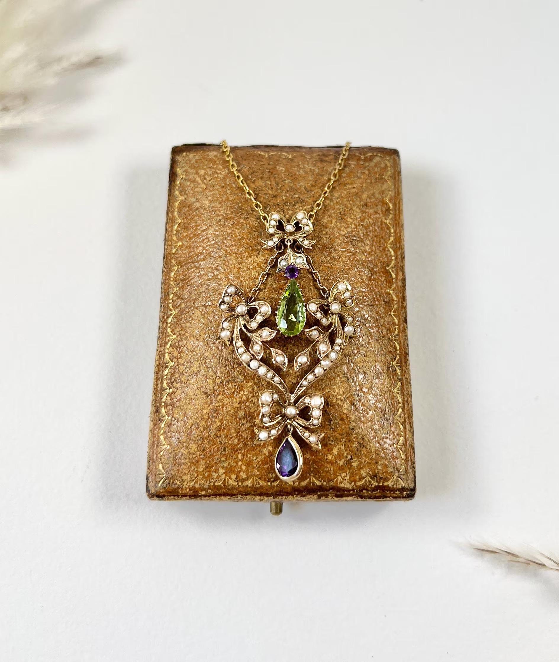 15ct Gold, Edwardian Peridot, Amethyst & Seed Pearl Suffragette Pendant Necklace 2