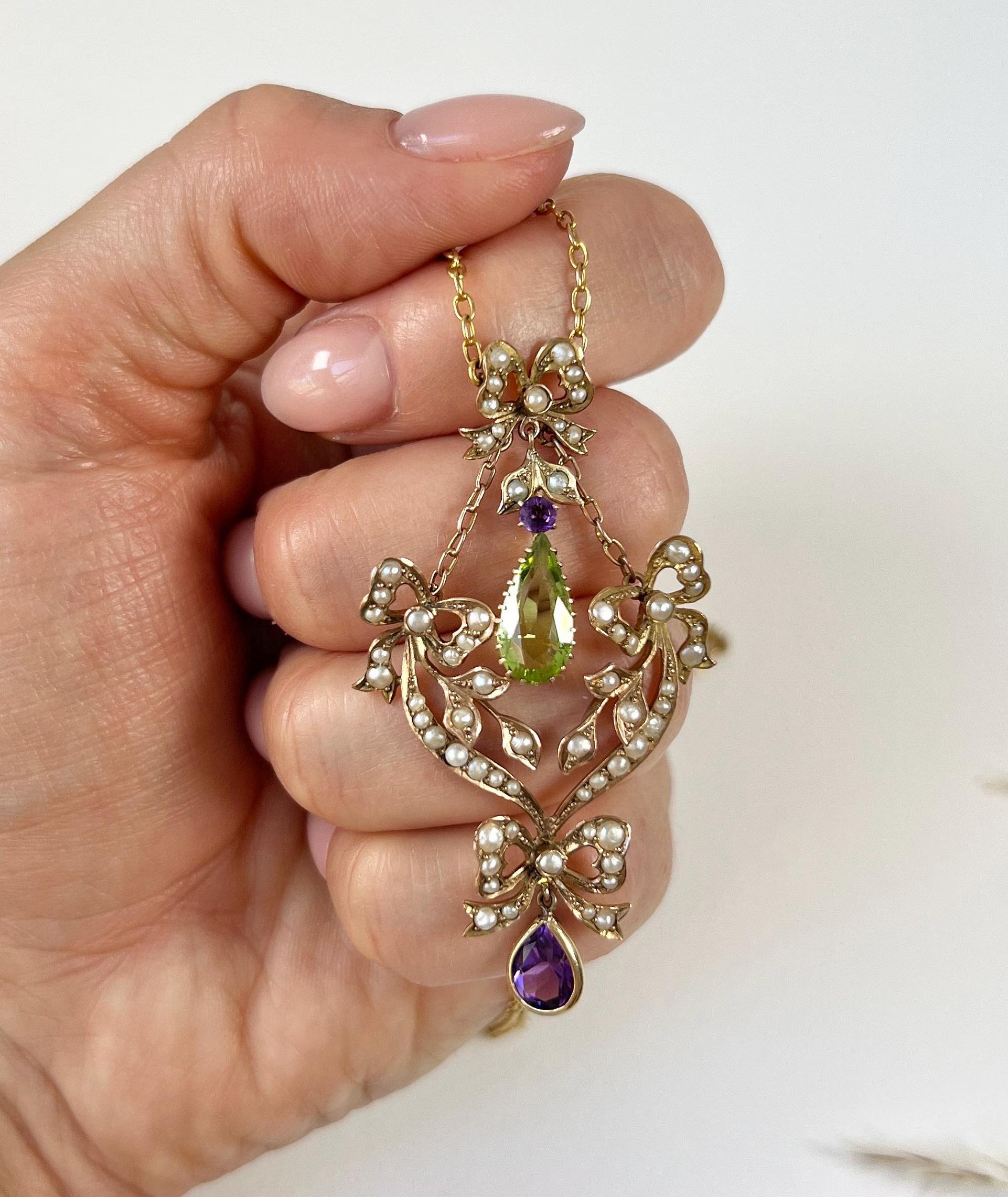 15ct Gold, Edwardian Peridot, Amethyst & Seed Pearl Suffragette Pendant Necklace 3