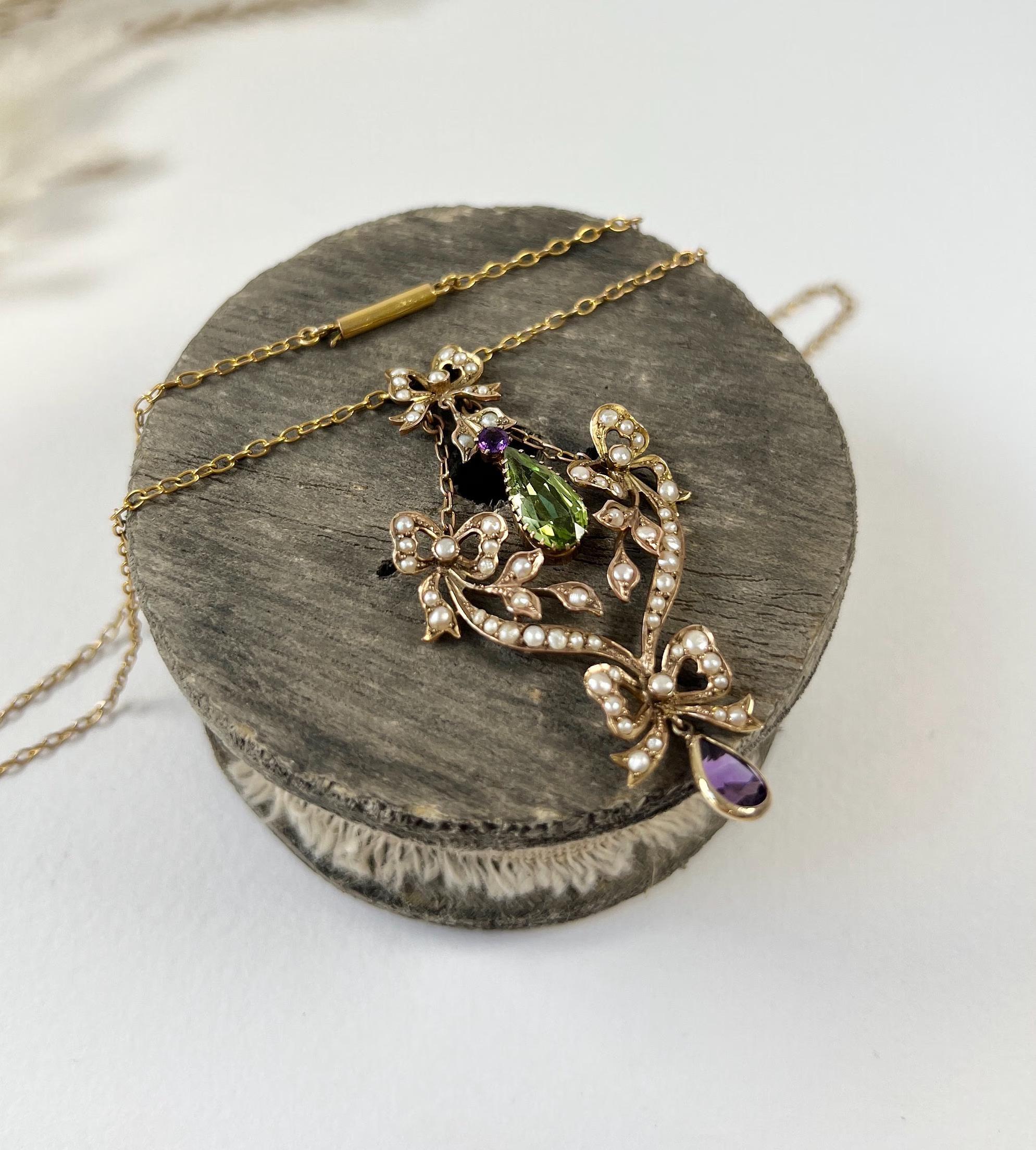 15ct Gold, Edwardian Peridot, Amethyst & Seed Pearl Suffragette Pendant Necklace 4