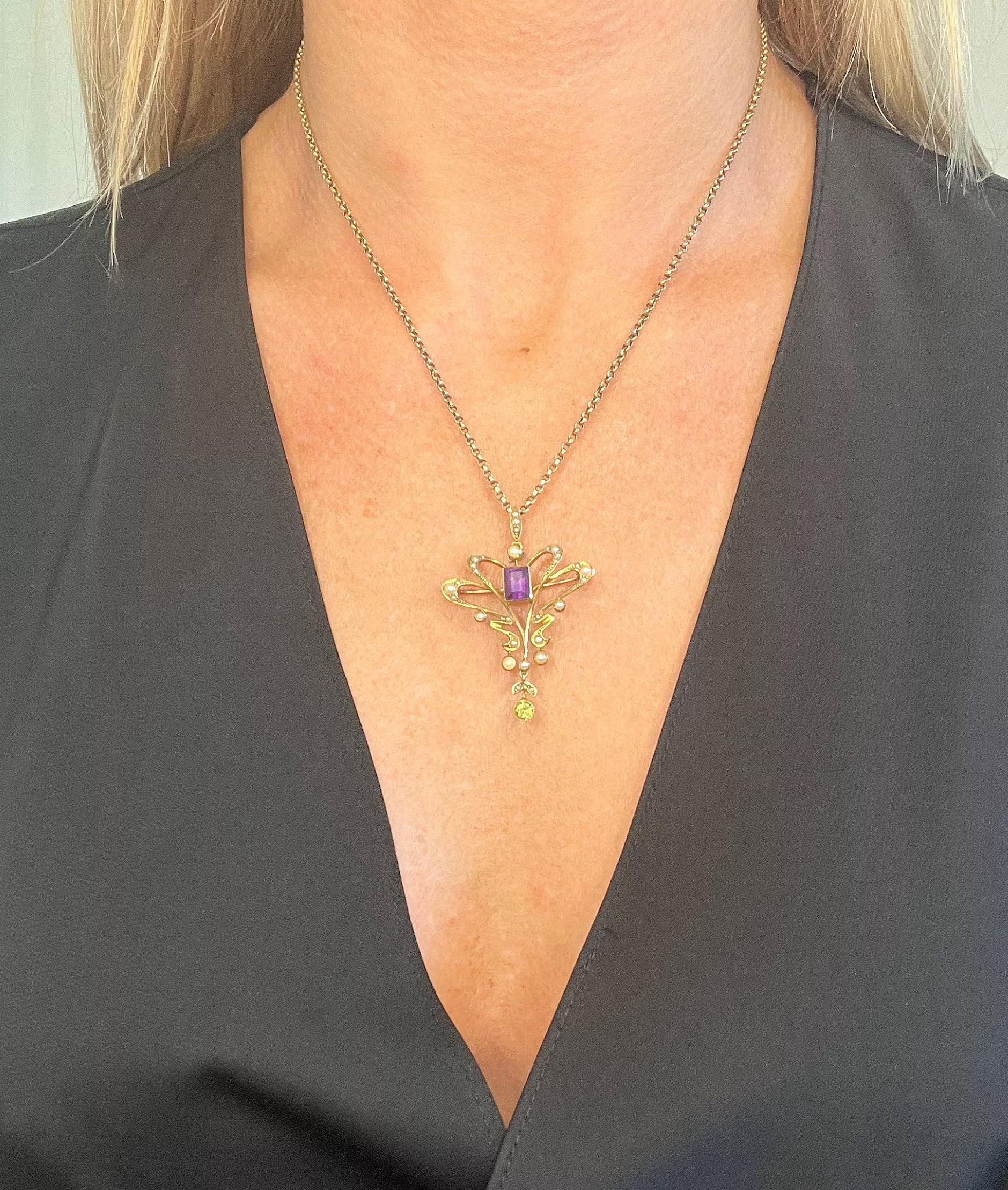 Colgante Sufragista Eduardiano de Oro de 15 Quilates Peridoto Amatista Perlas y Diamantes en venta 5