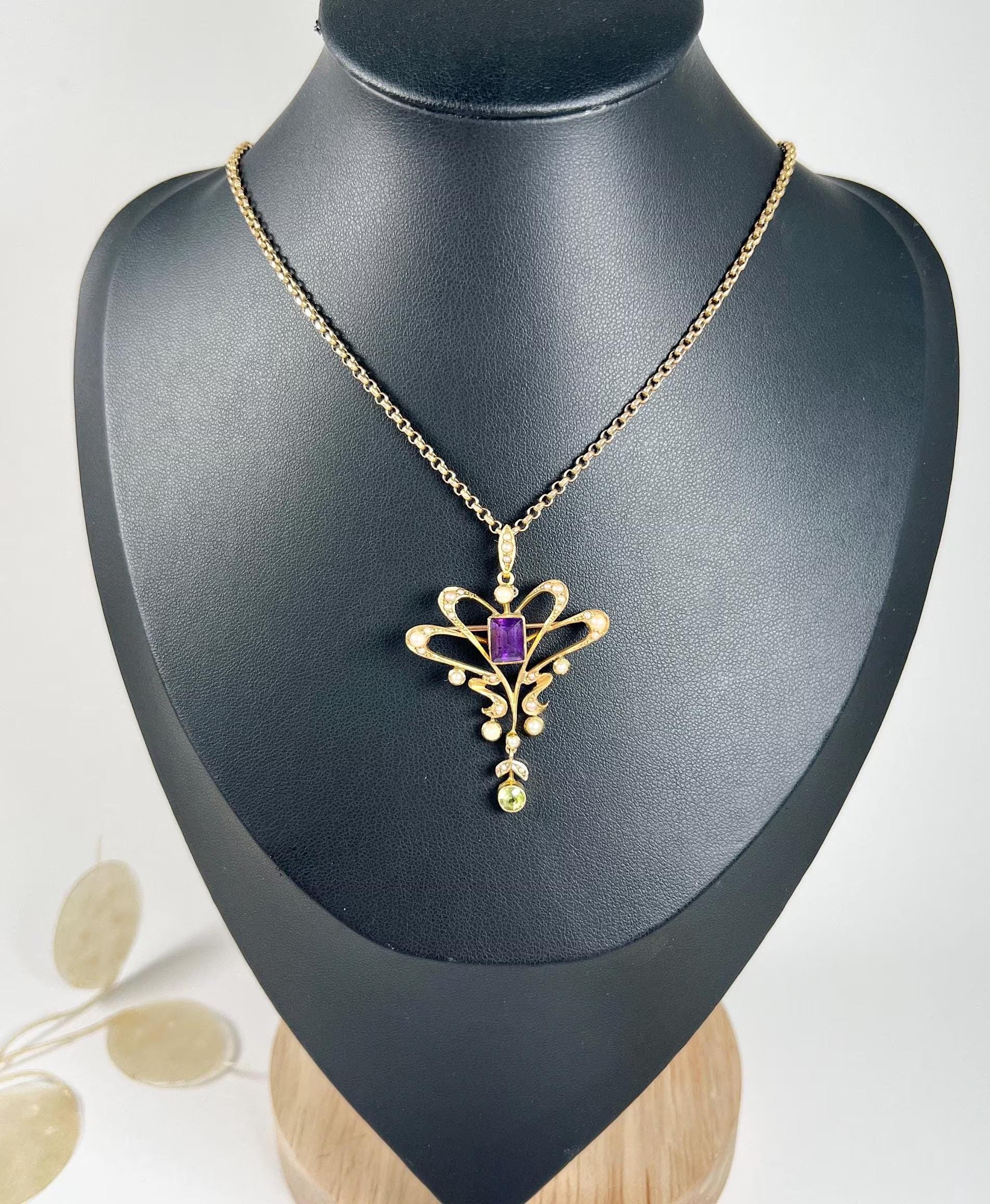 Colgante Sufragista Eduardiano de Oro de 15 Quilates Peridoto Amatista Perlas y Diamantes en venta 3