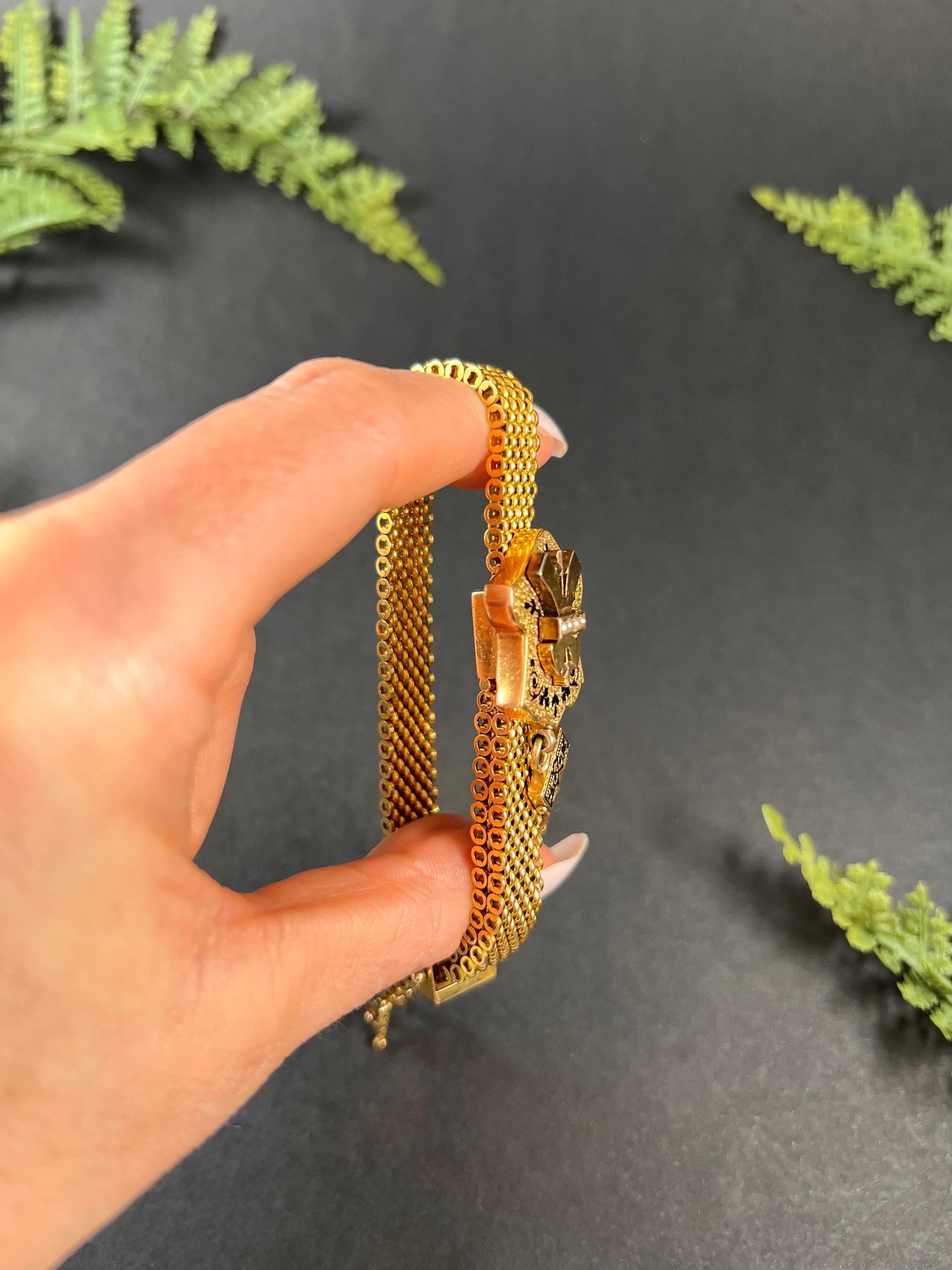 15ct Gold & Enamel Victorian Mesh Slide Bracelet Gold Ball Tassels & Seed Pearls 5