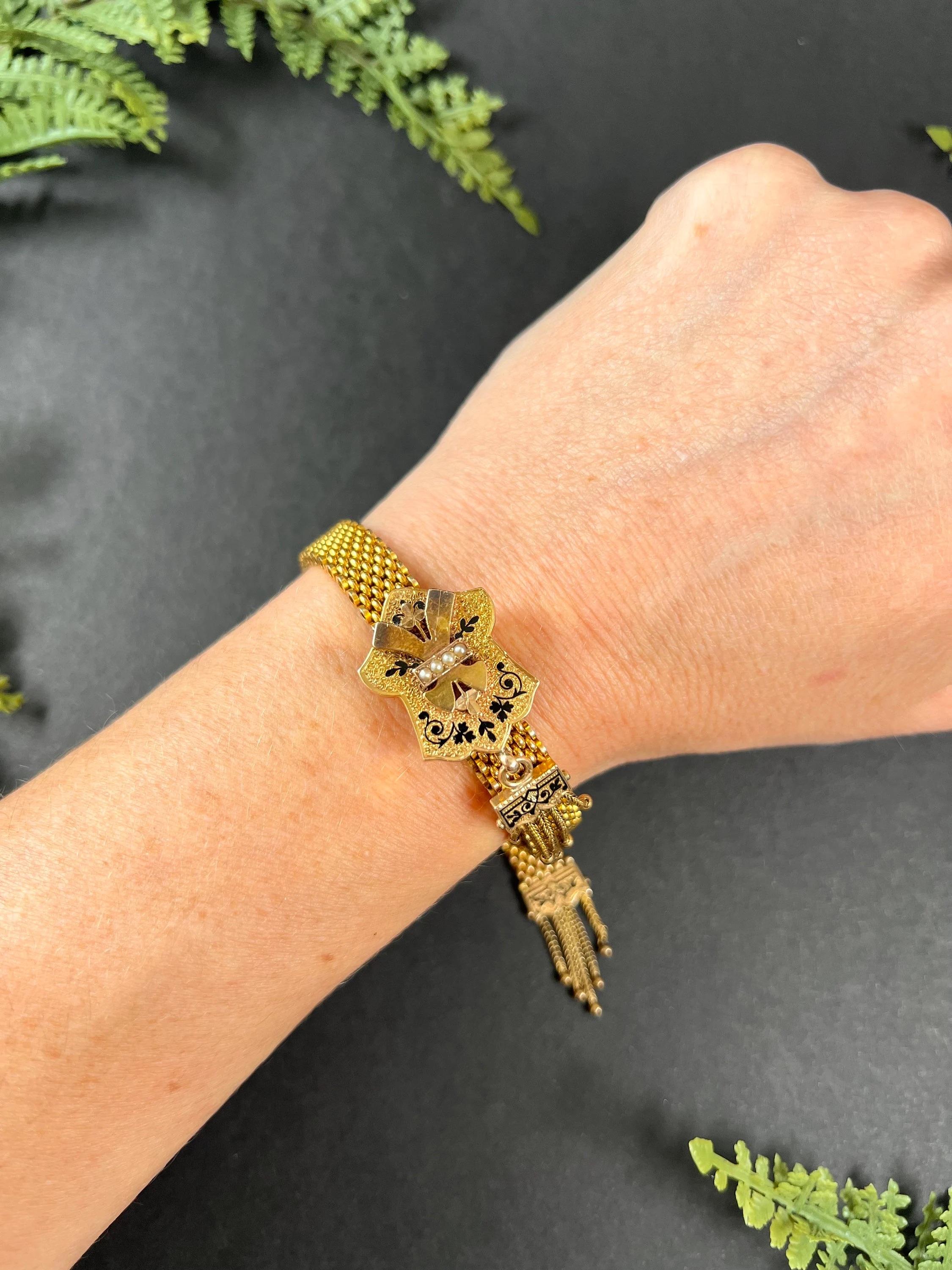 Round Cut 15ct Gold & Enamel Victorian Mesh Slide Bracelet Gold Ball Tassels & Seed Pearls