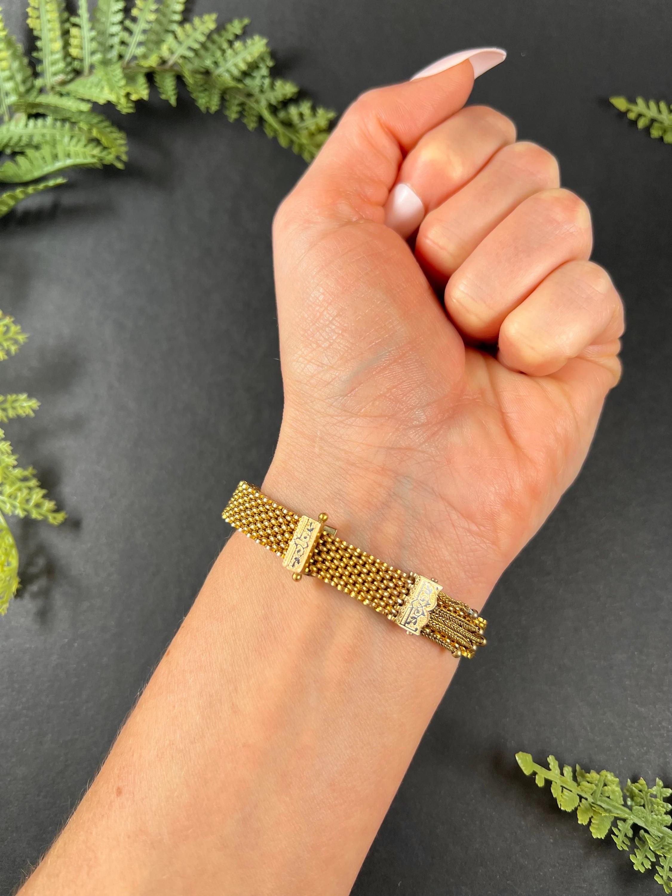 15ct Gold & Enamel Victorian Mesh Slide Bracelet Gold Ball Tassels & Seed Pearls In Good Condition In Brighton, GB