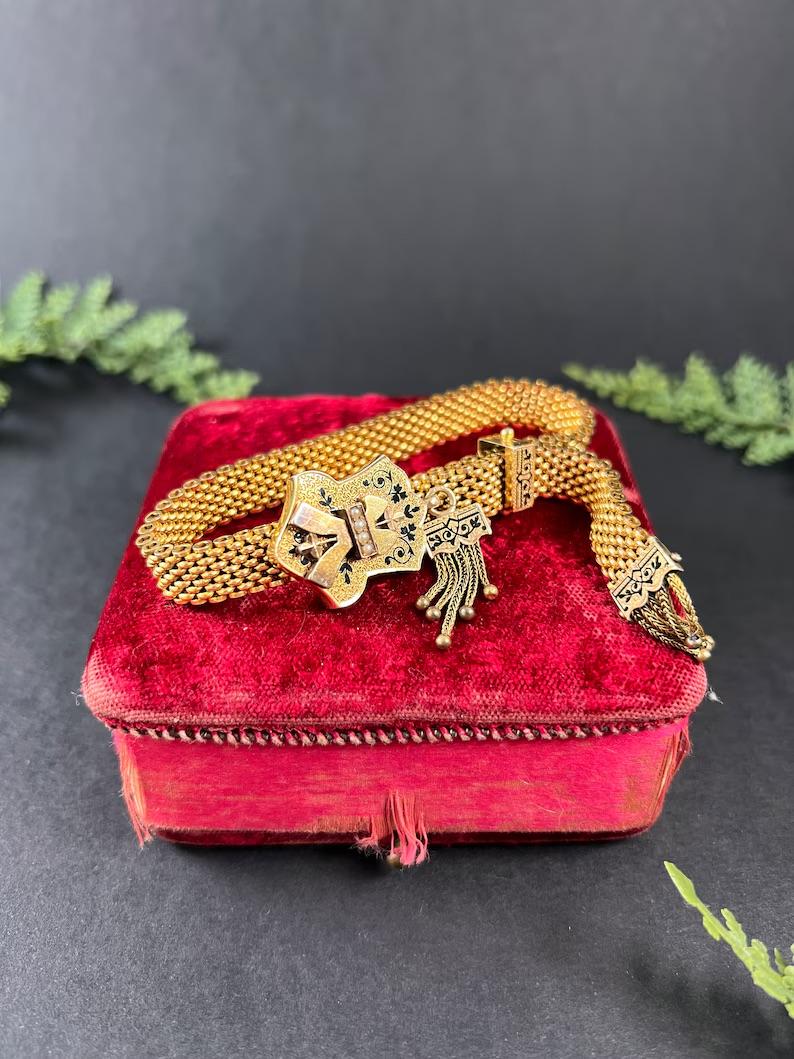 Women's or Men's 15ct Gold & Enamel Victorian Mesh Slide Bracelet Gold Ball Tassels & Seed Pearls