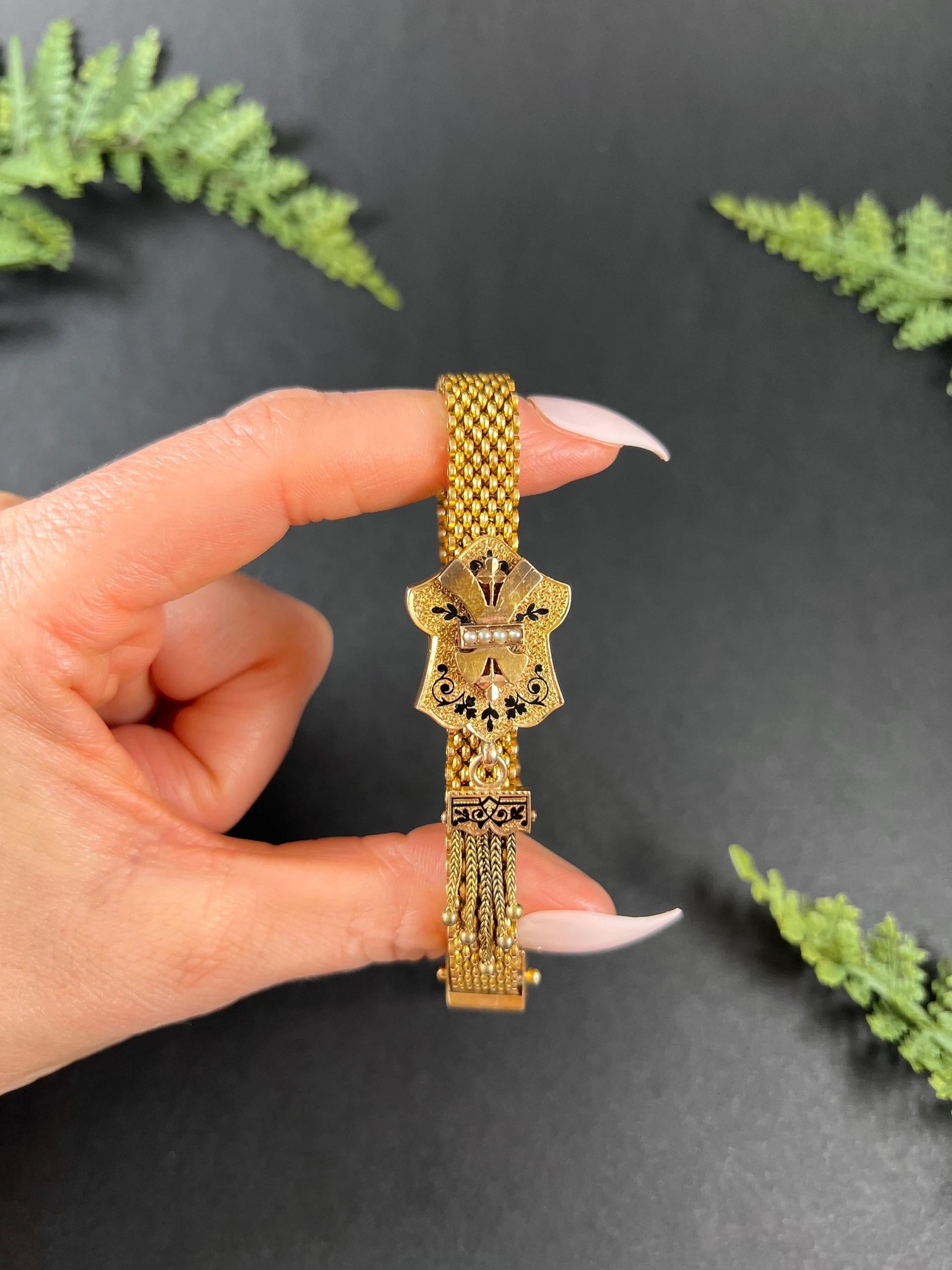 15ct Gold & Enamel Victorian Mesh Slide Bracelet Gold Ball Tassels & Seed Pearls 1