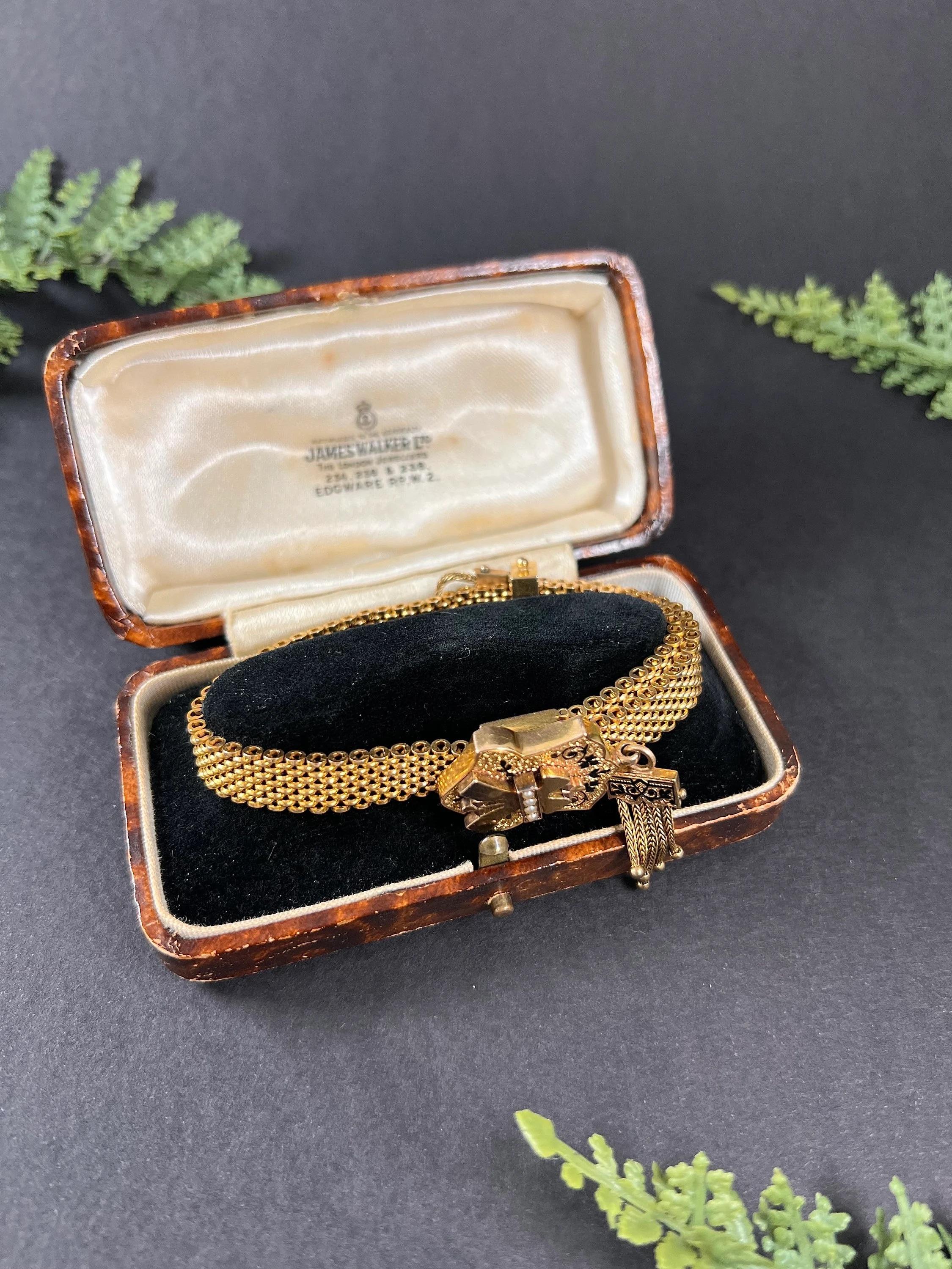 15ct Gold & Enamel Victorian Mesh Slide Bracelet Gold Ball Tassels & Seed Pearls 2