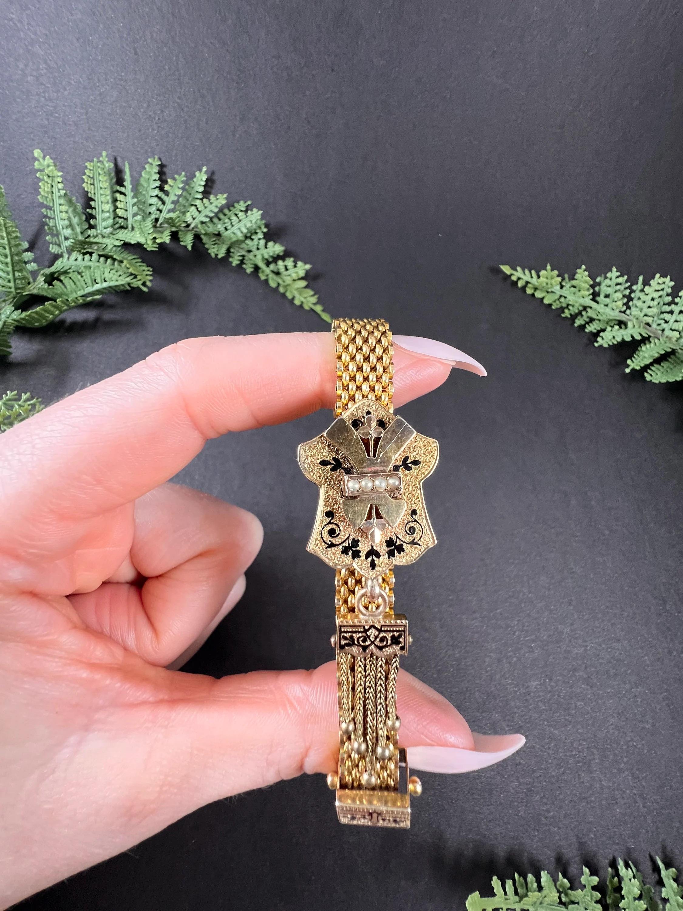 15ct Gold & Enamel Victorian Mesh Slide Bracelet Gold Ball Tassels & Seed Pearls 3