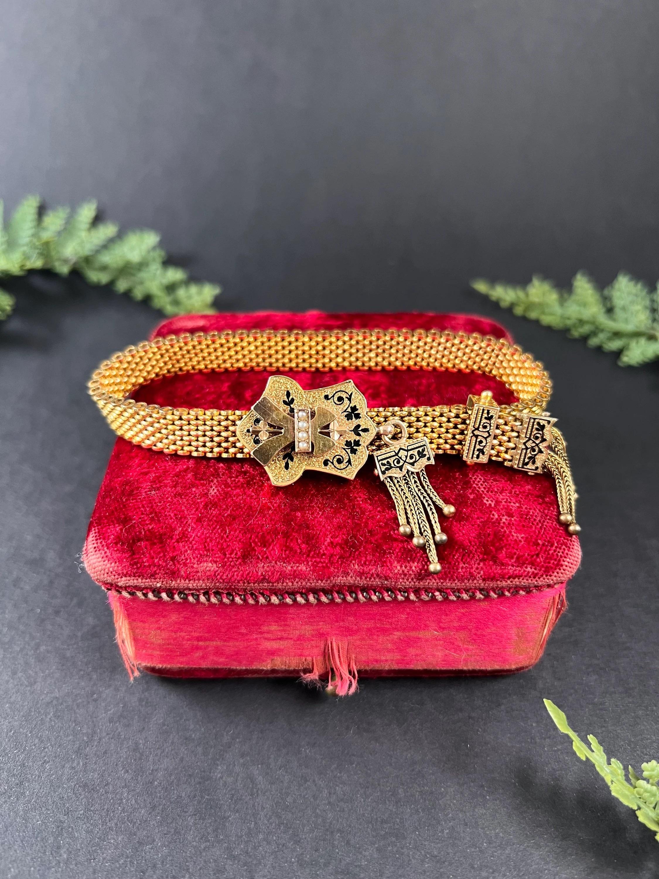 15ct Gold & Enamel Victorian Mesh Slide Bracelet Gold Ball Tassels & Seed Pearls 4