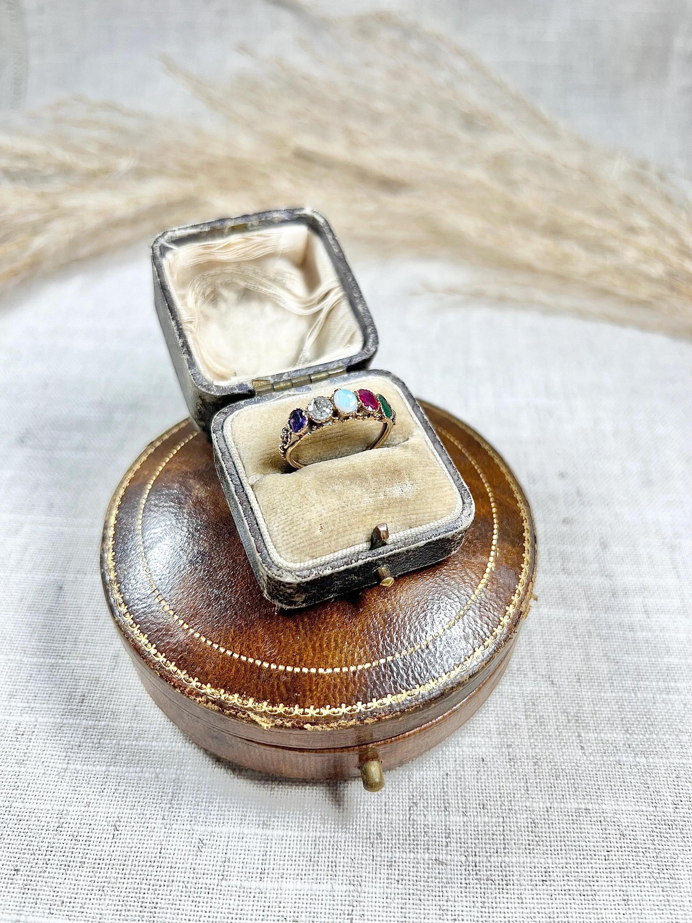 Women's or Men's 15ct Gold Fancy Victorian Adore Acrostic Ring Amethyst Diamond Opal Ruby Emerald