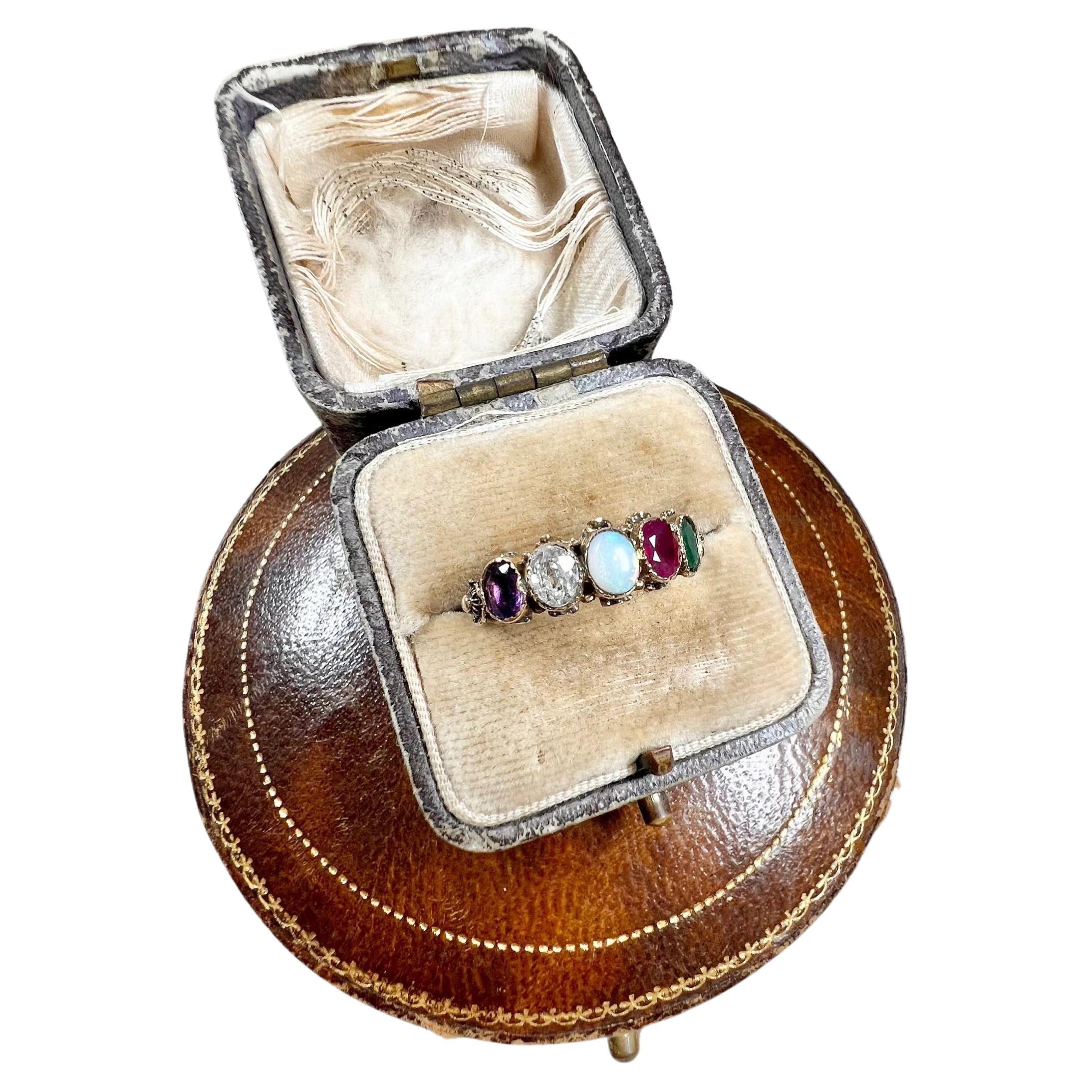 15ct Gold Fancy Victorian Adore Acrostic Ring Amethyst Diamond Opal Ruby Emerald
