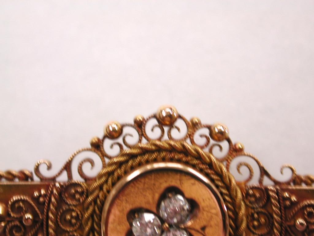 Victorian 15 Carat Gold Hallmarked Etruscian Brooch Set with Old Cut Diamonds, Birmingham For Sale